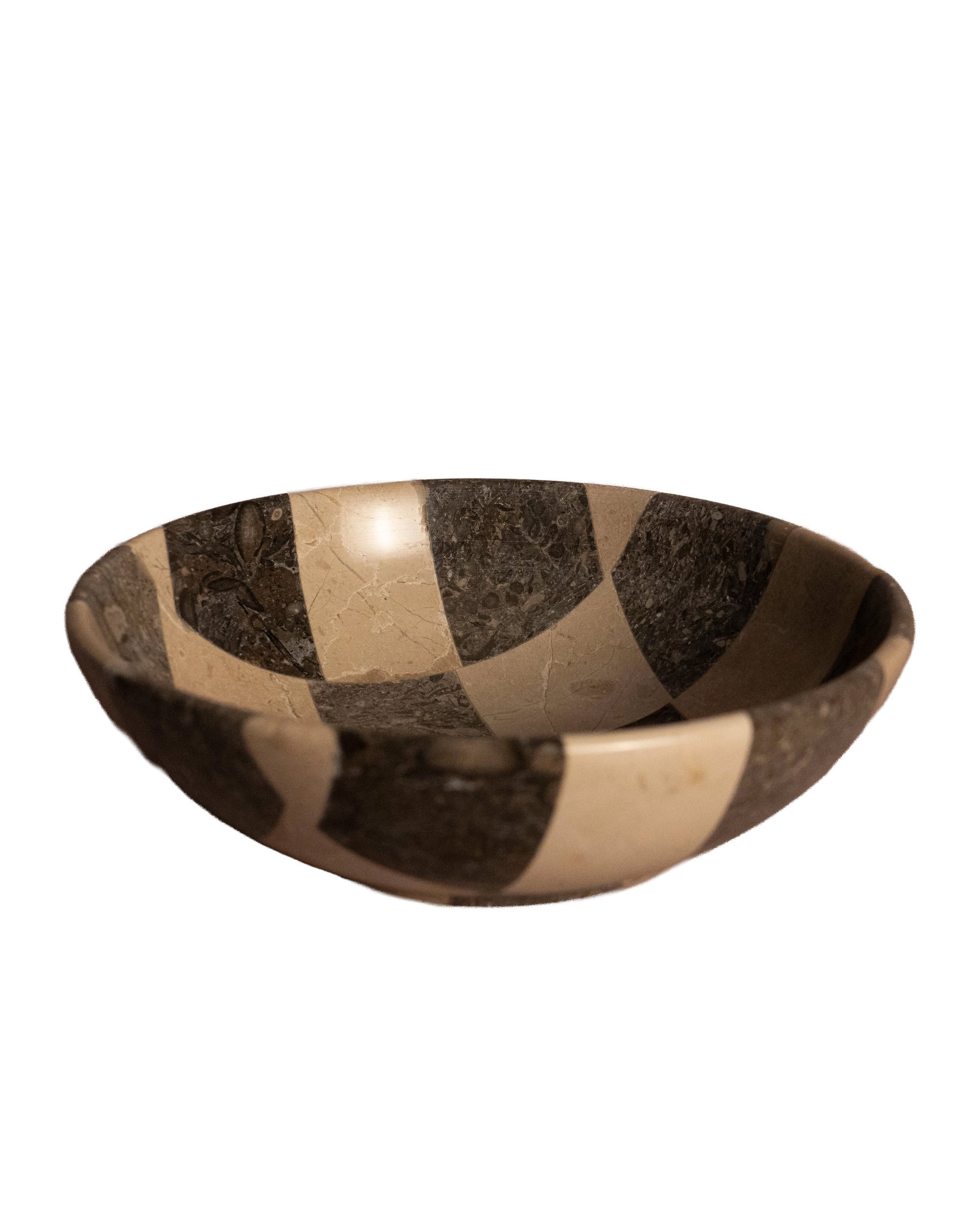 Checkered travertine bowl with a handcrafted finish by The Faire, perfect as a decorative centerpiece.