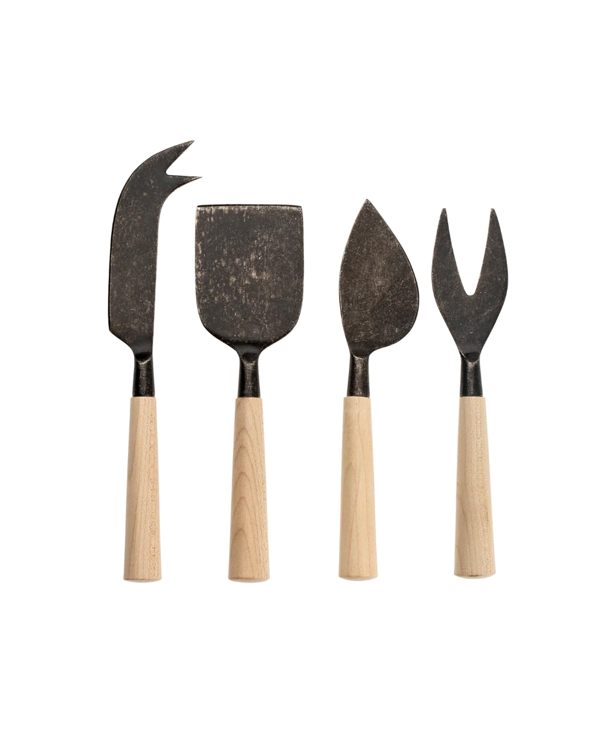 The Indaba 4-7117 Maple Wood Cheese Knives Black S/4 includes four uniquely shaped knives with metal blades and maple wood handles—perfect for slicing, serving cheese, and making elegant hostess gifts.
