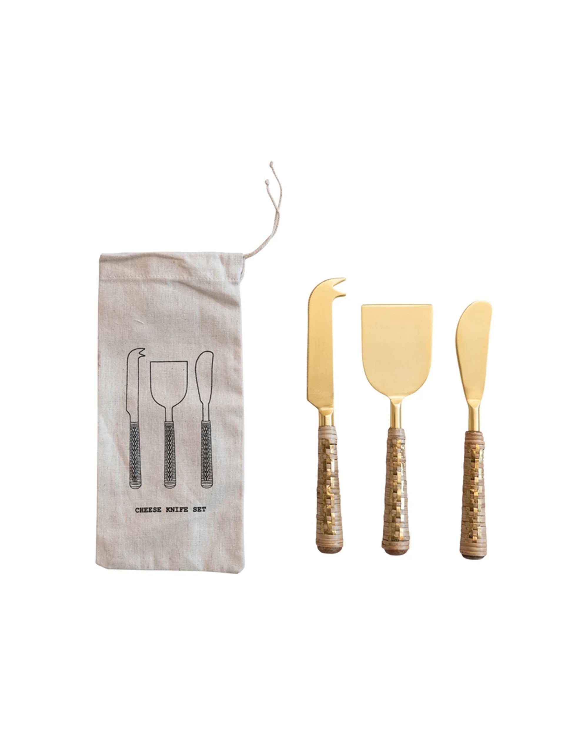 A set of three Creative Co-op Stainless Steel Cheese Knives with rattan-wrapped handles shown beside a beige pouch illustrated with the knives and labeled "CHEESE KNIFE SET.