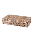 The 9.93844 Cheetah Box L by Global Views is a rectangular hair-on-hide box with a cheetah print in brown, tan, and black on white, and features a soft faux suede interior.