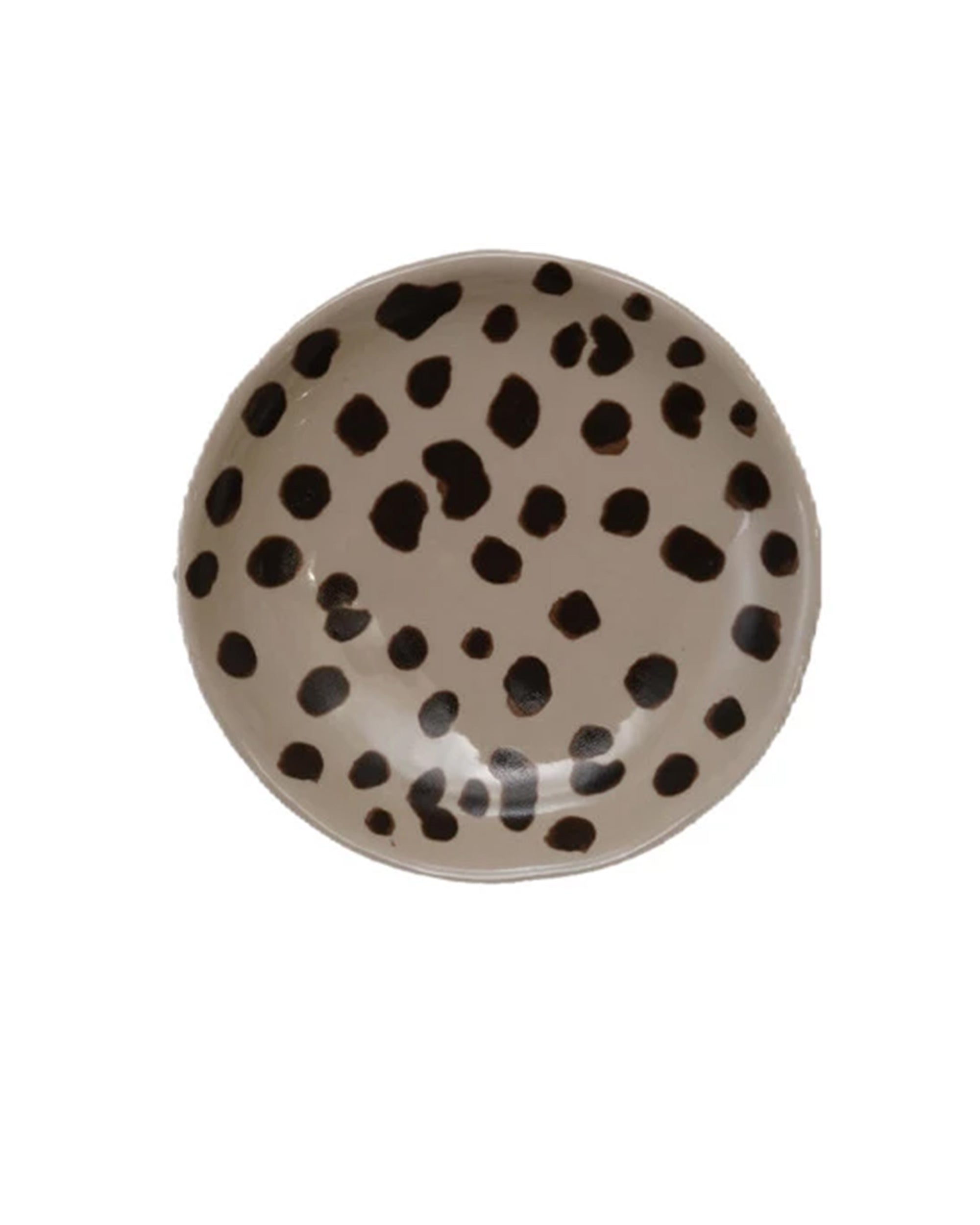The Creative Co-op Dish with Animal Print features a round stoneware design with a beige base and black leopard spots. Displayed on a plain white background. Pair it with our bowls for a coordinated look. Dimensions available upon request.