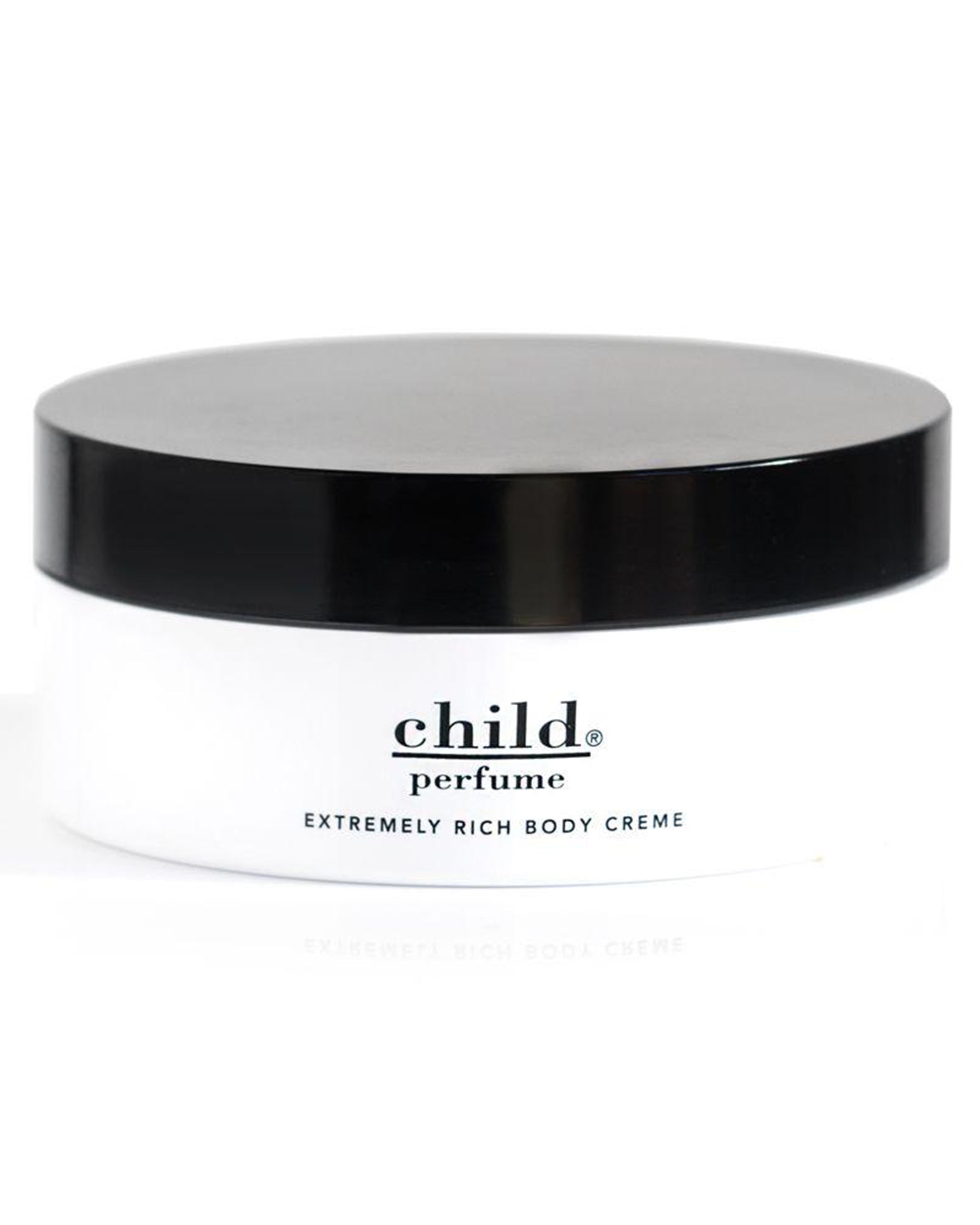 A white jar with a black lid labeled "Child Rich Body Creme" by Faire, featuring a vegan formula, is set against a plain white background.