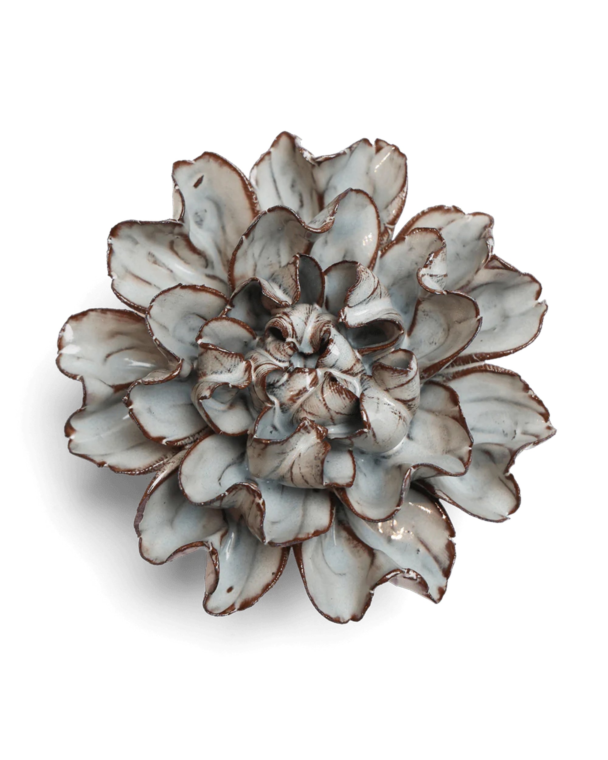 The Choco Mint Echo Lasianthus by Chive Ceramics (thru Faire) features layered, curved ceramic petals in glazed white with brown edges, resembling a succulent or dahlia—ideal modern wall art decor.