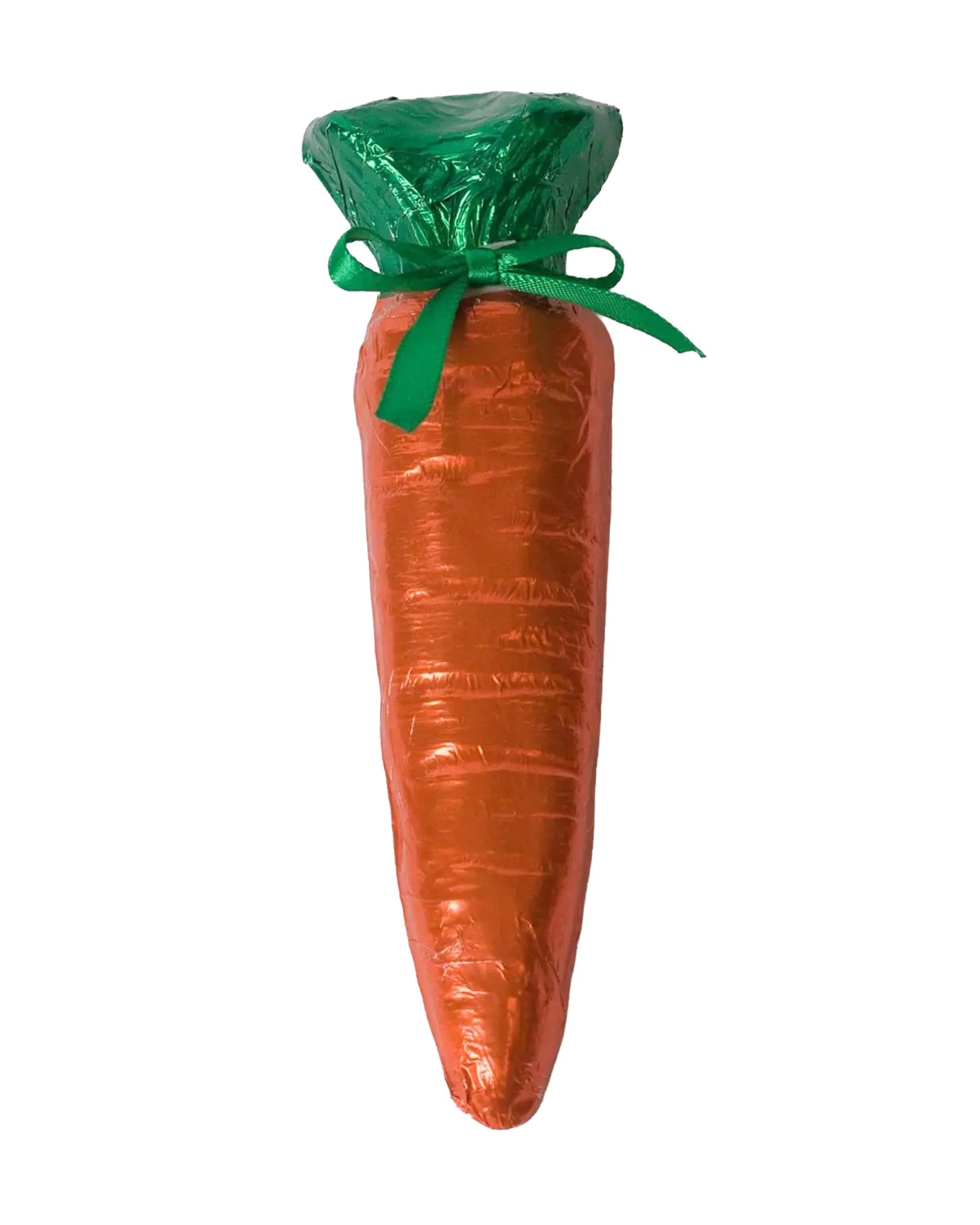 The Faire Easter Carrot /Milk Choc is a solid milk chocolate treat shaped like a carrot, wrapped in shiny orange foil with a green-foil top and ribbon—perfect for spring celebrations.