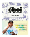 The cover of The Choi of Cooking from Random House displays the title on blue-patterned art; below, Roy Choi smiles while eating, with the text: "A cookbook that meets you where you are. Healthy recipes—we got you.