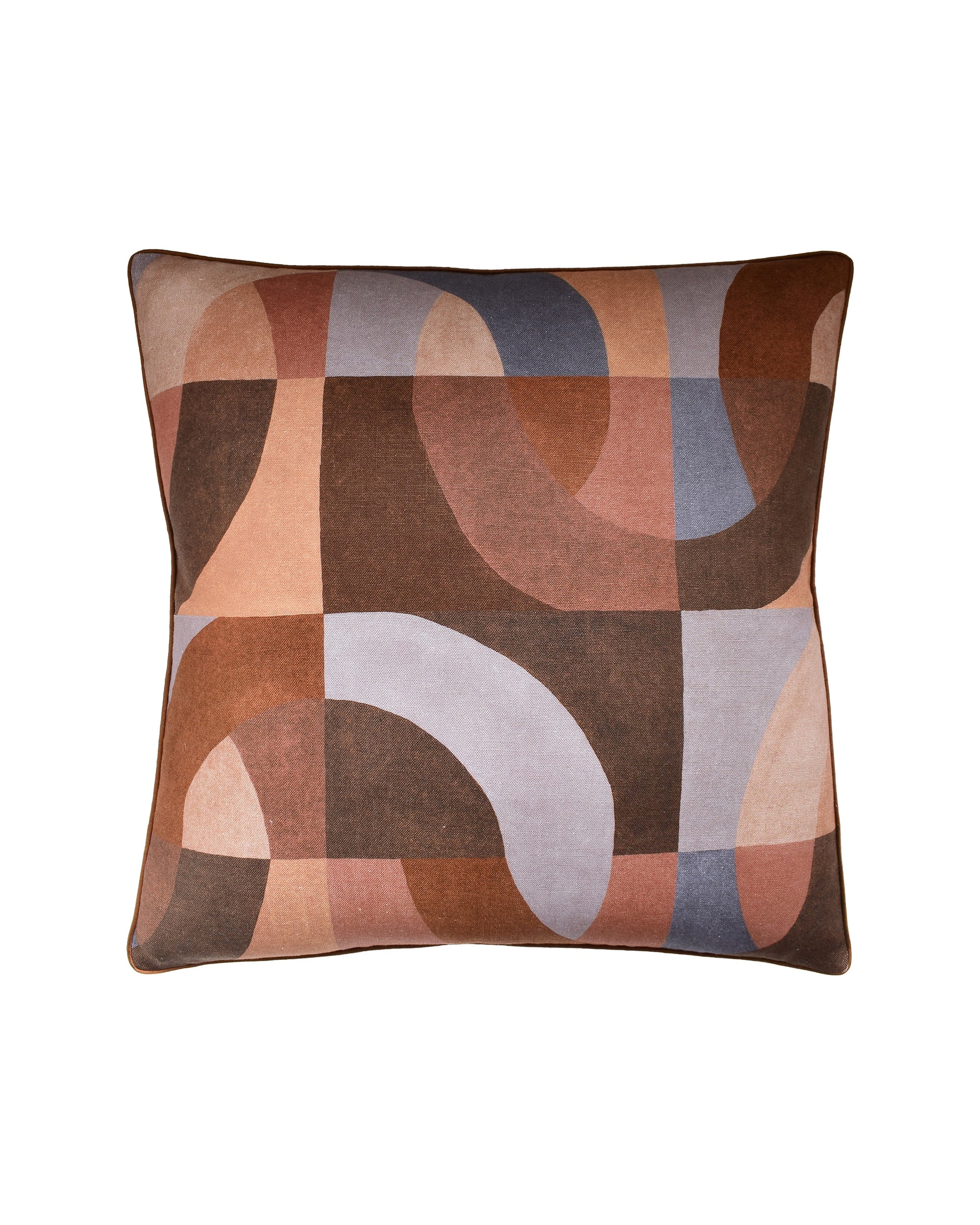 The Colonnade Cinnibar Pillow 22x22 by Ryan Studio is a square linen pillowcase with an abstract geometric pattern in brown, beige, blue, and peach on white, featuring curved and rectangular shapes and a hidden zipper closure.