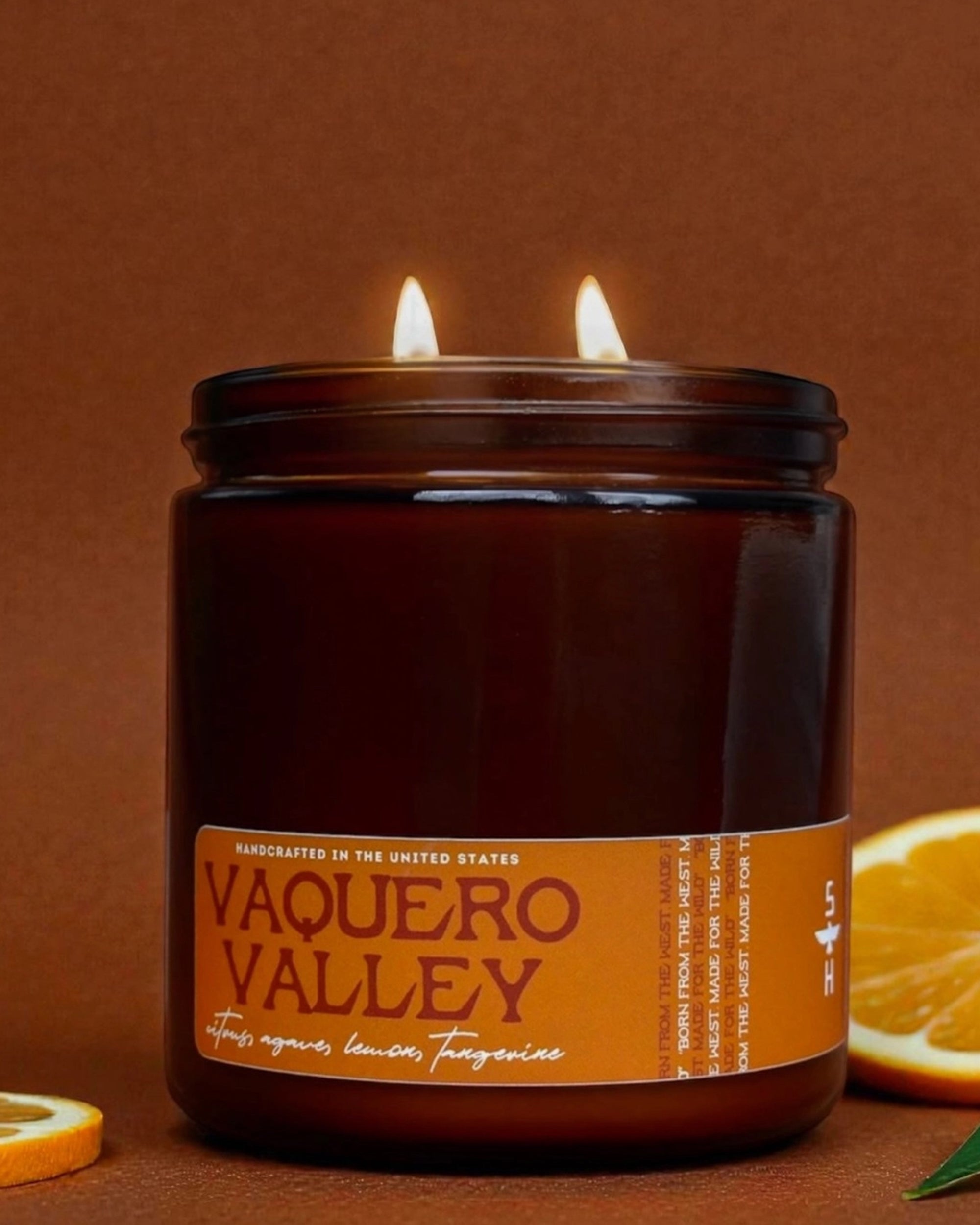 A brown glass Citrus and Agave Candle by Faire with two lit wicks and notes of agave, lemon, and tangerine sits against a brown background, accented by orange and lemon slices for a sweet citrus ambiance.