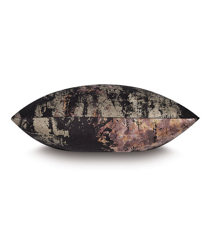 A textured, elongated sculpture resembling an abstract rugby ball, featuring a Pyrite Metallic 22x22 surface with patches of rust and peeling black paint, reminiscent of the aged artifacts found in Scottsdale, Arizona, isolated on a white background from Eastern Accents.