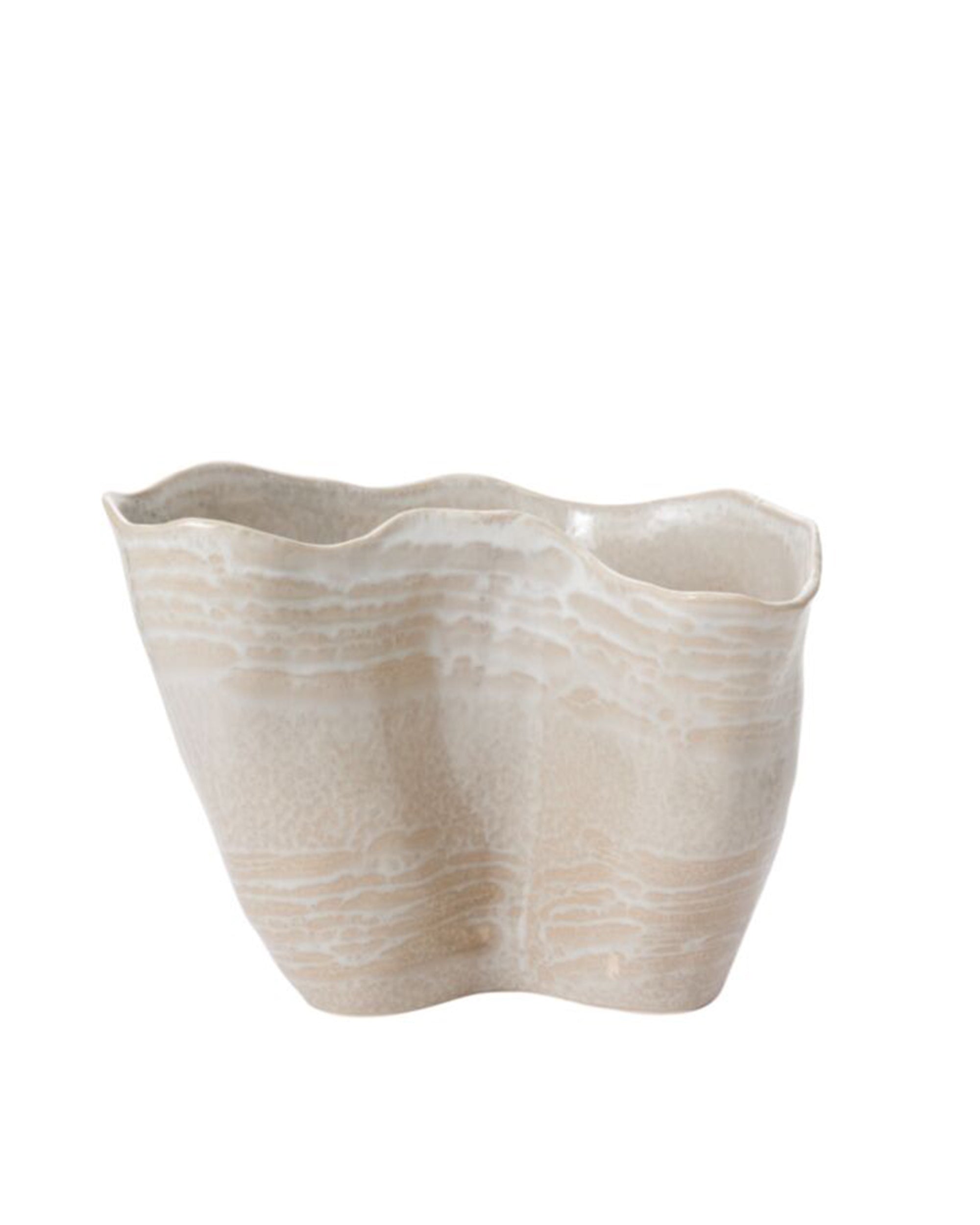 Beige vase with wavy edges and marbled finish by Accent Decor, Claribel Vase Short, perfect for elegant decor.