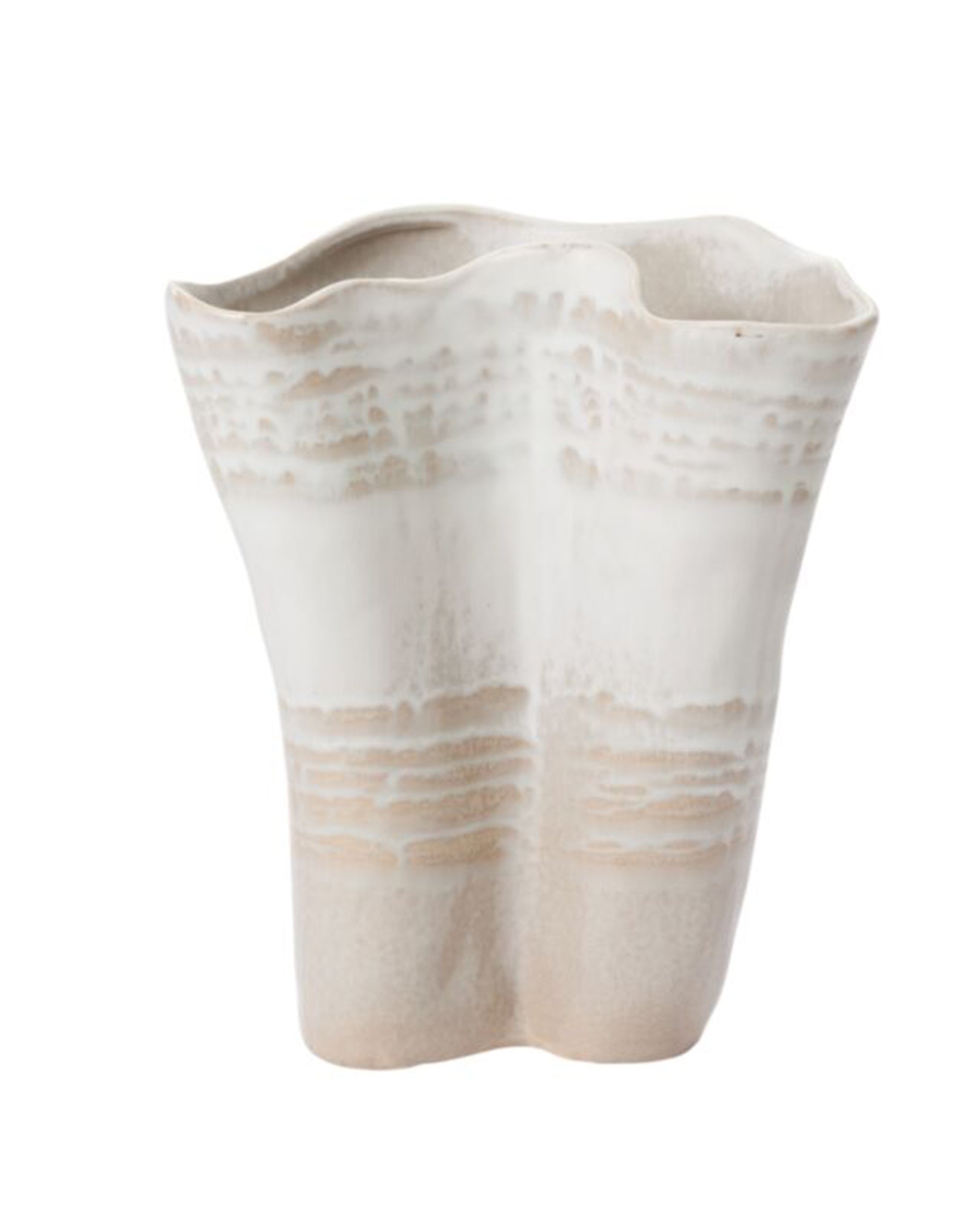 Tall wavy white ceramic Claribel Vase with textured rim and beige pattern by Accent Decor, sculptural table accent.