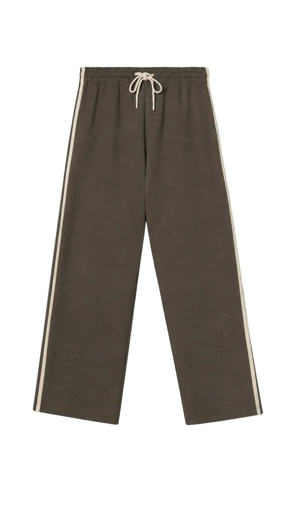Brown wide-leg track pants with vintage stripes, white sides, and drawstring waist by Perfectwhitetee Claud.