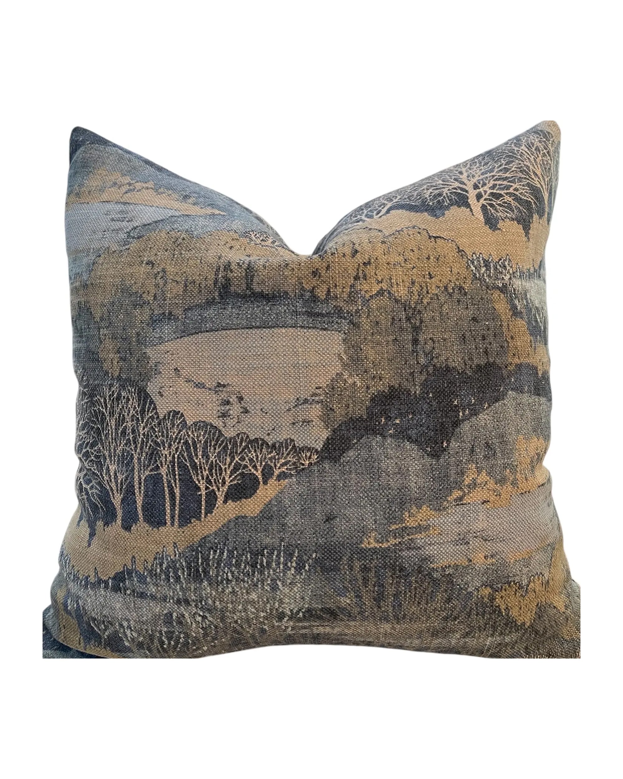 The Claudine Landscape 20x20 Pillow by Dahlia & Grace Pillows features artistic rolling hills, trees, and fields in muted beige, gray, and blue cotton weave—beautifully crafted in North Carolina.