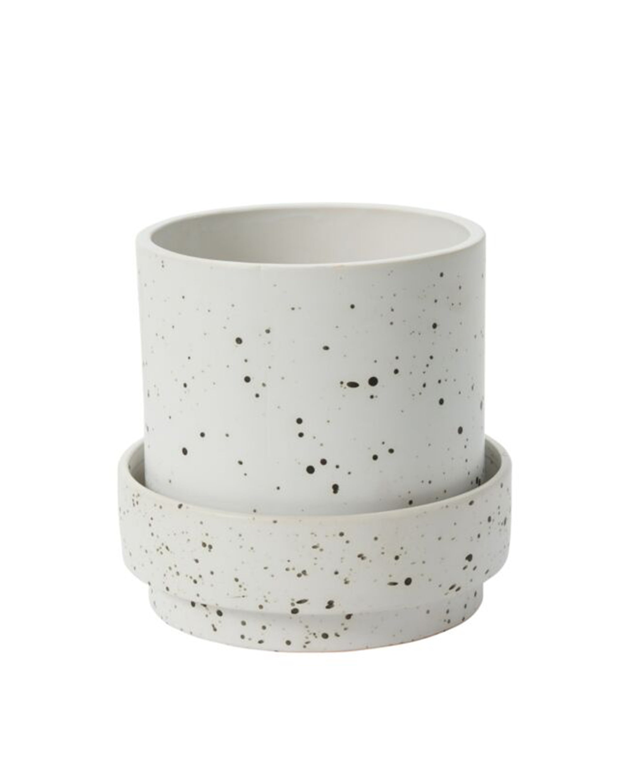 Accent Decor's 98786 Claxton Pot with Saucer M is a white speckled ceramic planter with a drainage hole and matching saucer, shown against a plain white background.