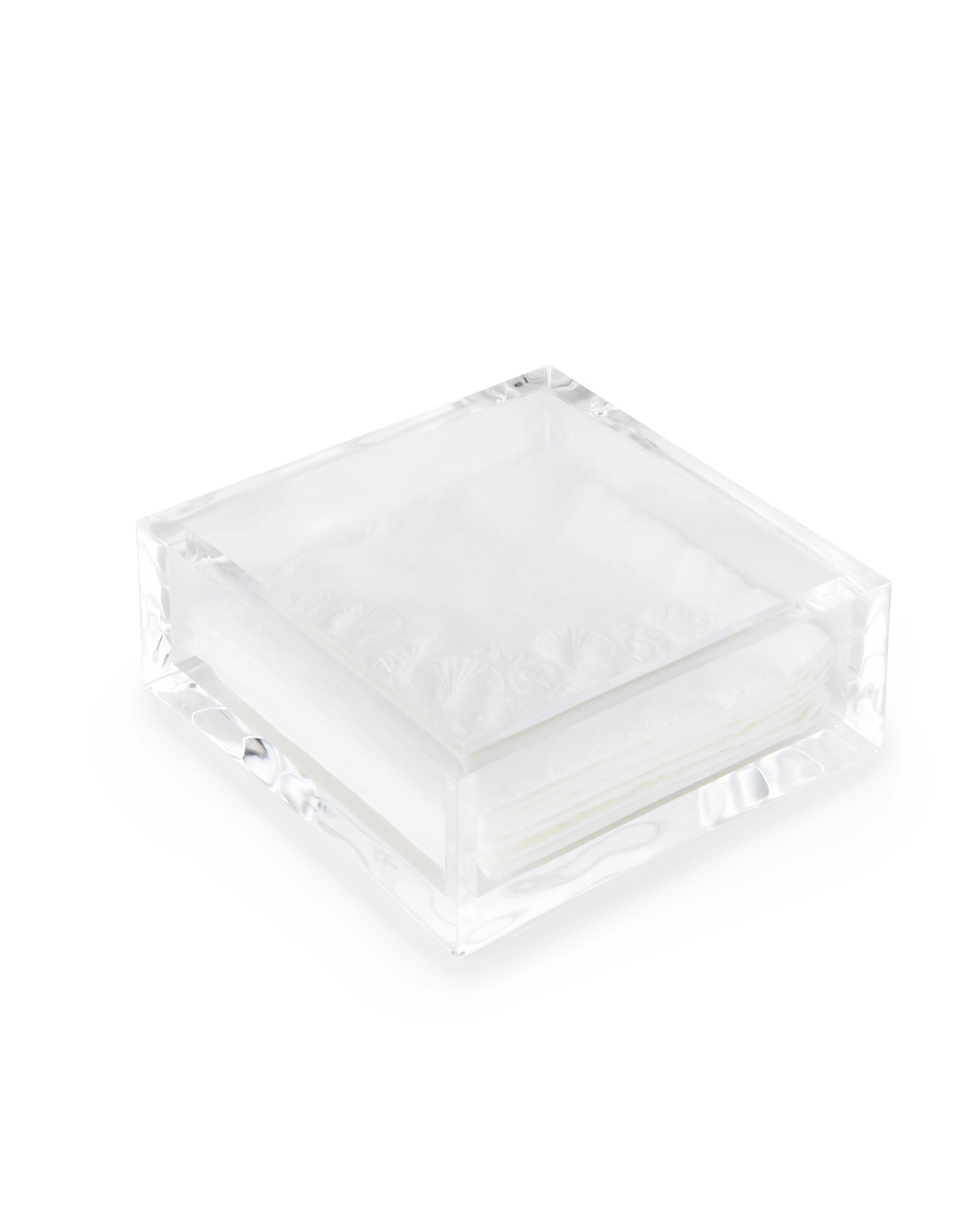 The Faire Cocktail Deluxe Napkin Holder, a clear square acrylic tray, displays a stack of white napkins against a crisp white background.