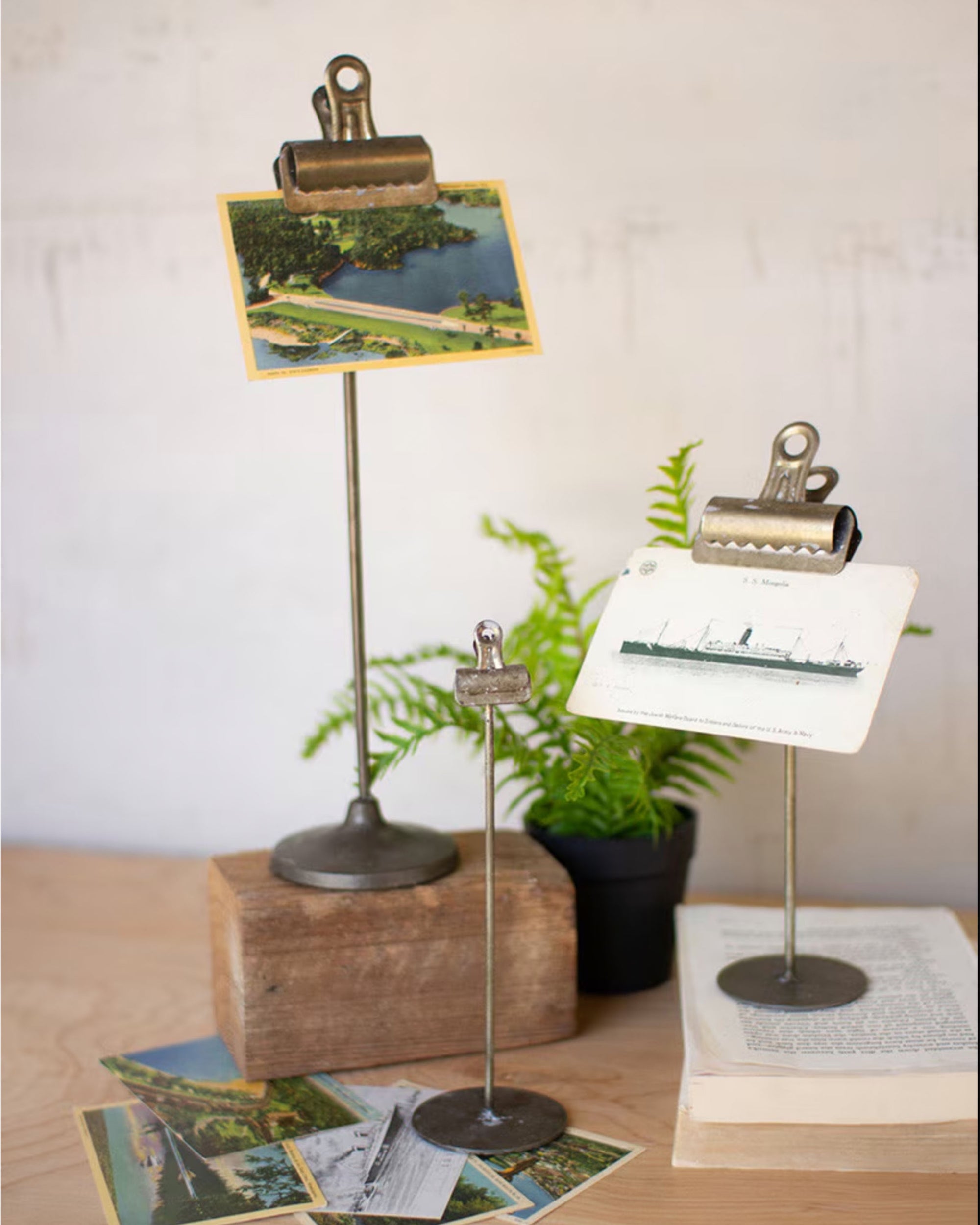 The Kalalou, Inc Metal Note Clips display vintage postcards on a wooden surface with scattered cards. A small potted fern and closed book complete the cozy vibe. Ideal as Christmas card holders or note clips.