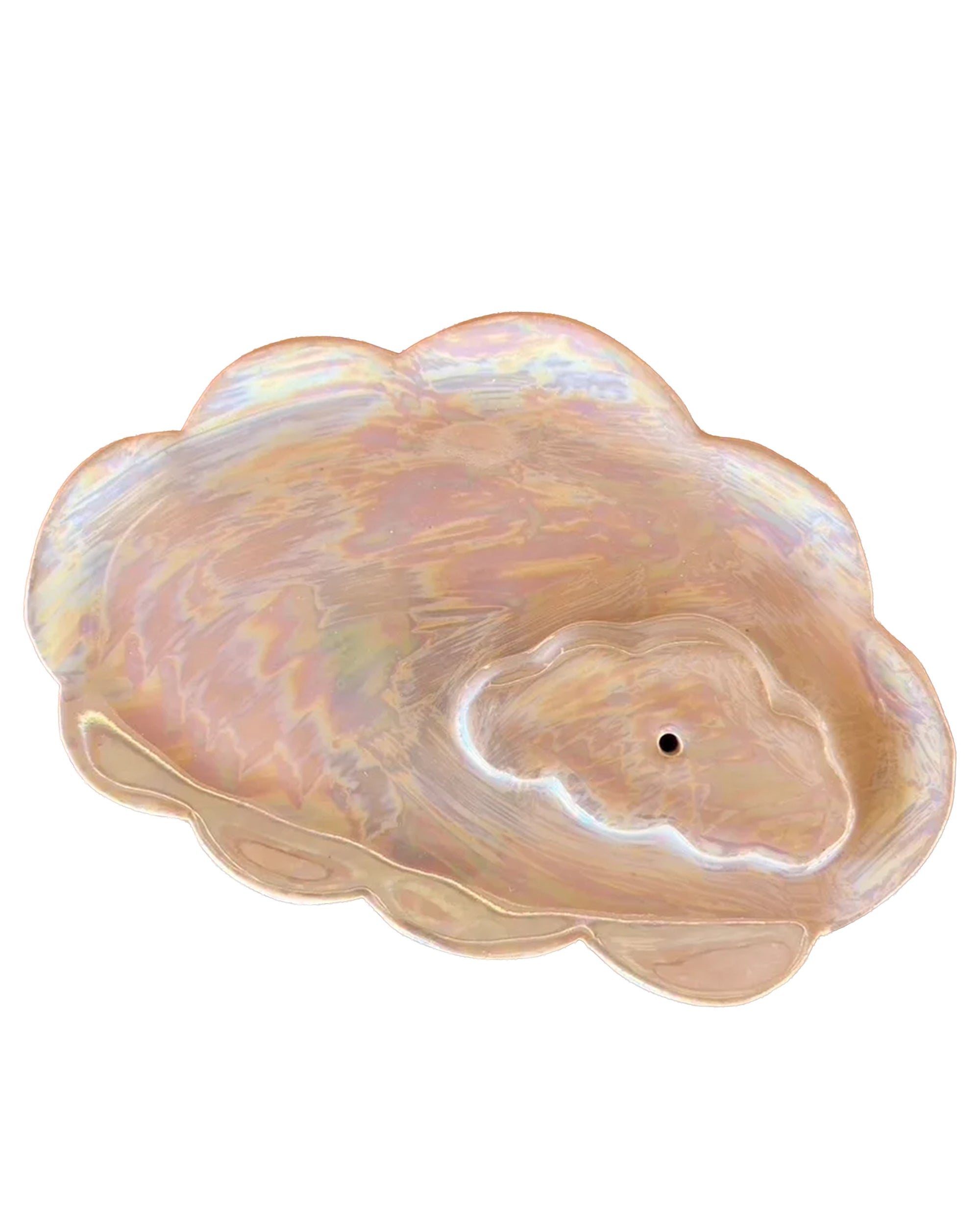 The Faire Cloud Incense Burner features a scallop-shaped, iridescent design with a glossy pearlescent finish and a small hole for incense, perfect as a handmade trinket dish. Photographed against a white background.