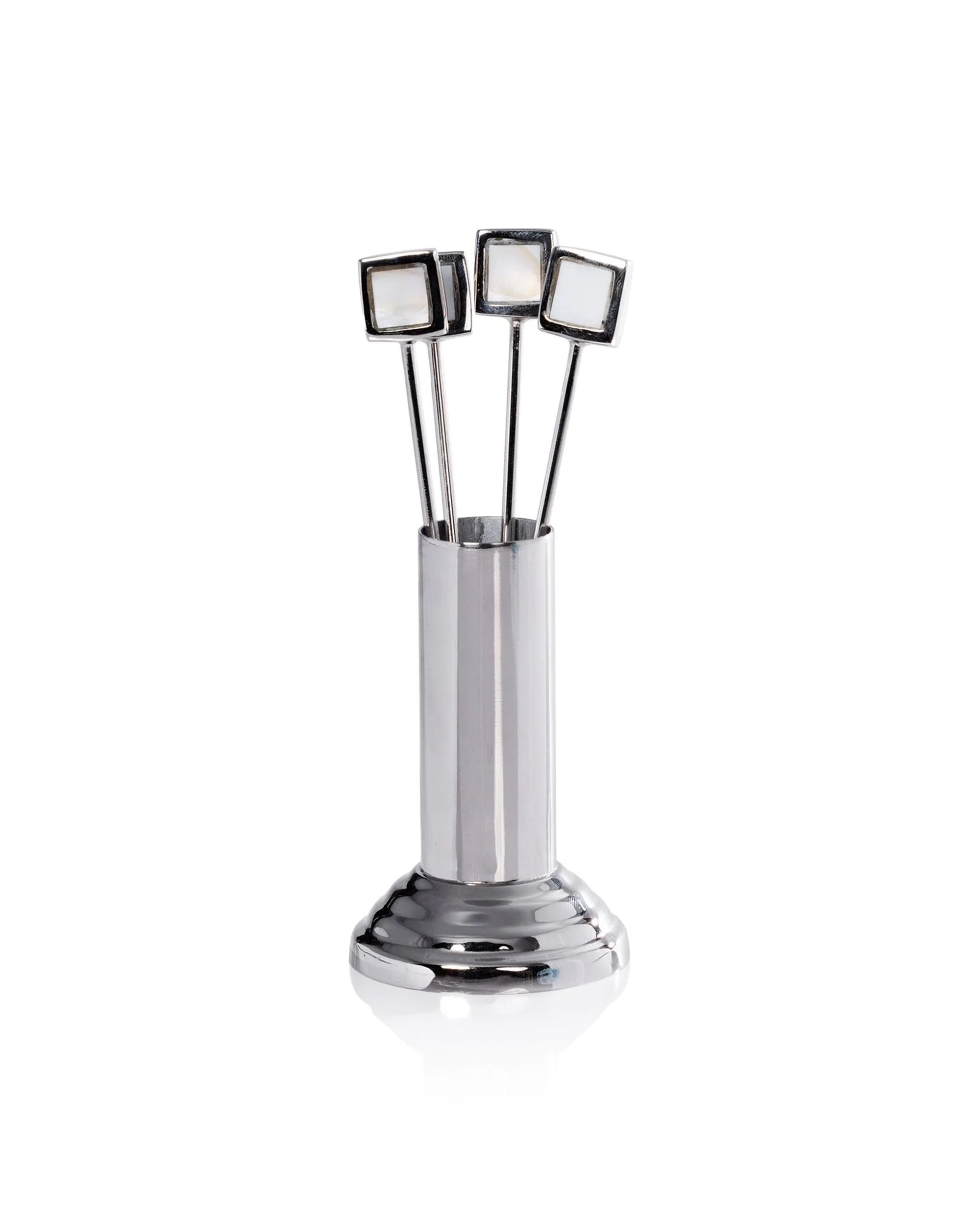 The Zodax IN-8224 Cocktail Picks S4 features three metal picks with white and silver square-shaped ends, elegantly displayed in a sleek silver holder—perfect for any modern cocktail set or stylish bar collection.
