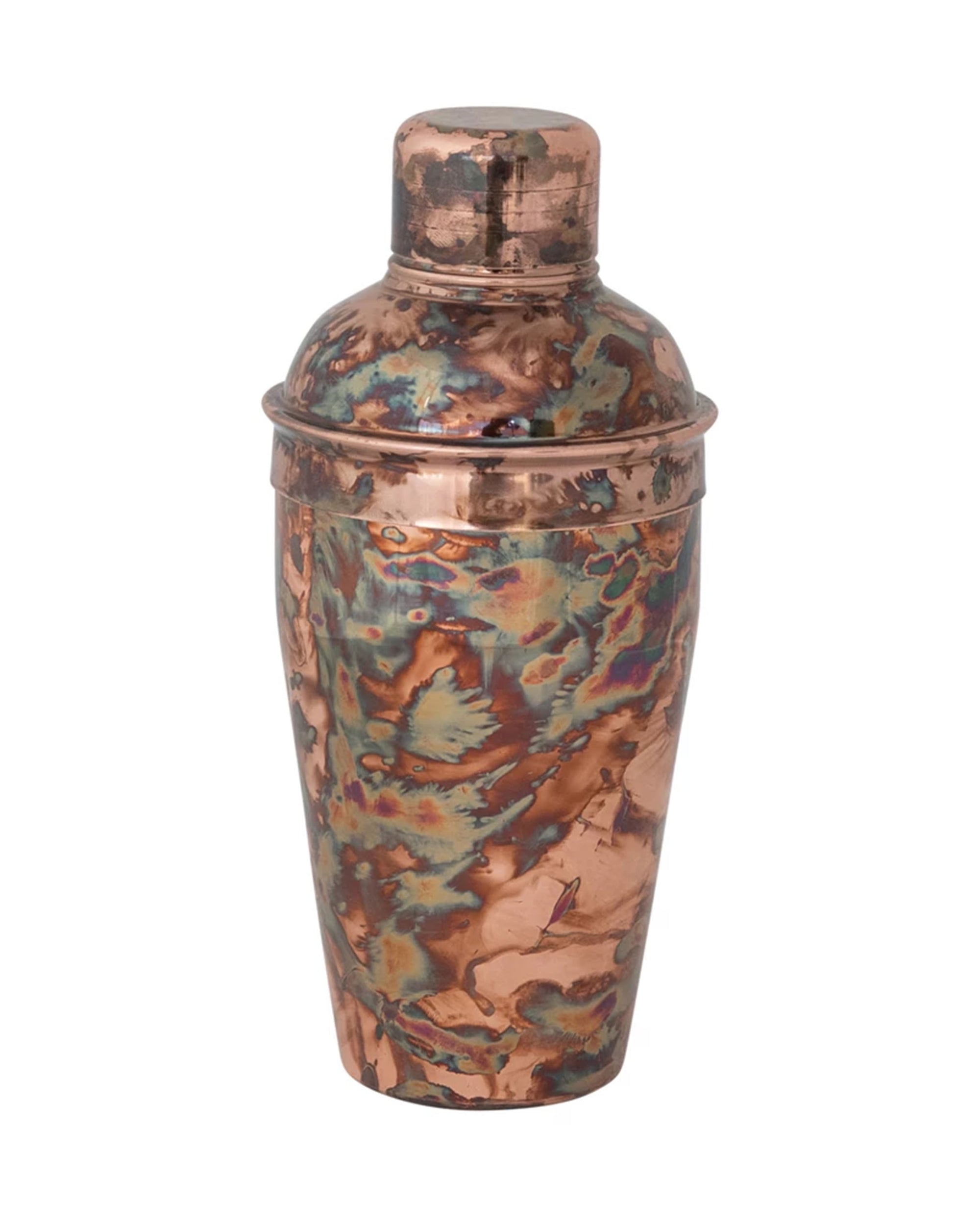 The Creative Co-op Stainless Steel Cocktail Shaker is a 16 oz shaker with a mottled, multicolored oxidized copper finish in bronze, green, and blue shades, topped with a rounded cap.
