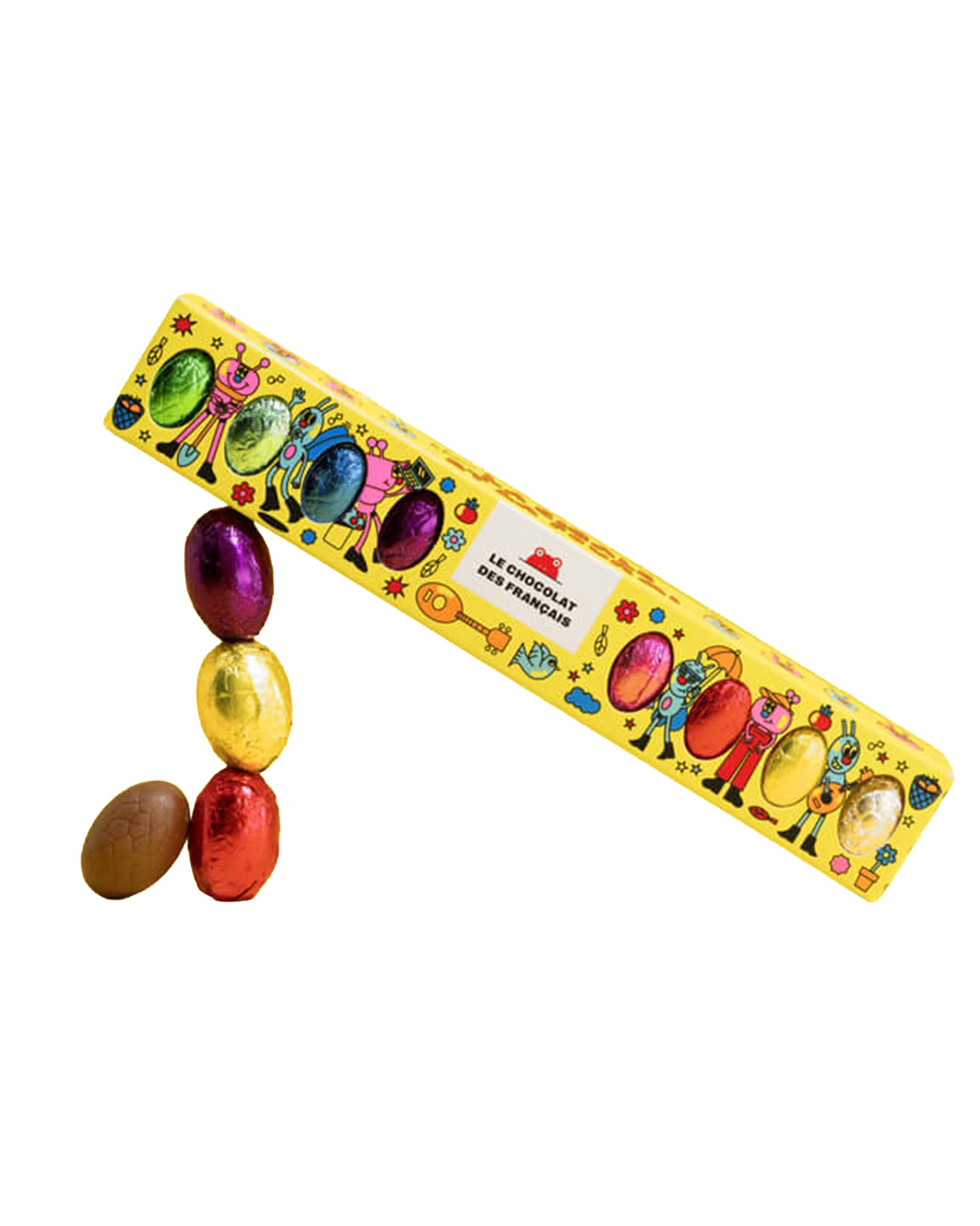 The Les Chocolat Des Francais Easter Bar Small features a colorful yellow box with cartoon characters, containing five shiny foil-wrapped Easter eggs in purple, gold, red, and blue. Three praline chocolate eggs and one unwrapped egg are placed outside the box.
