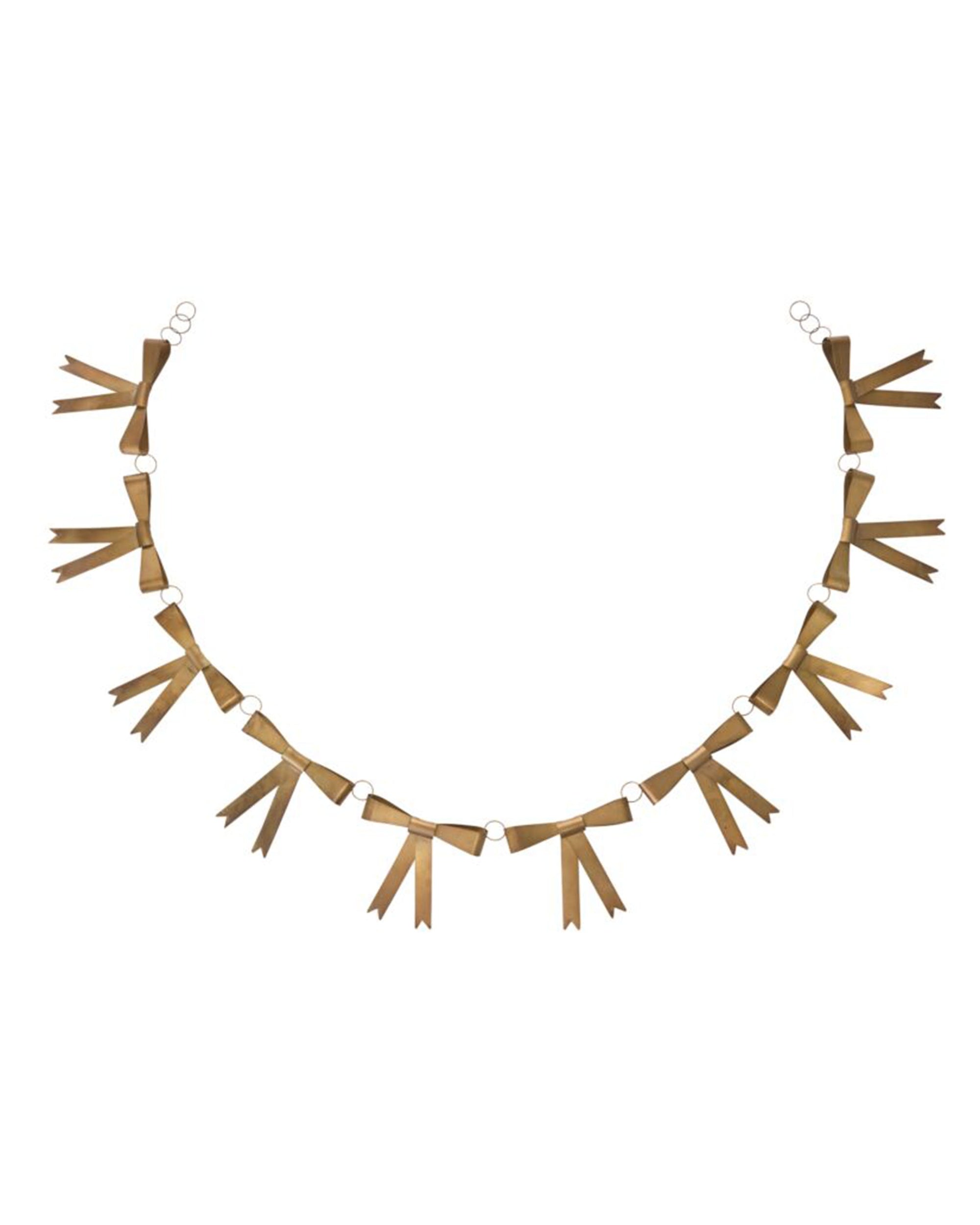 The Accent Decor 18935 Collectors Garland features evenly spaced gold metallic ribbon shapes on small rings, arranged in a graceful curve—ideal as metal Christmas garland or festive mantle decor.