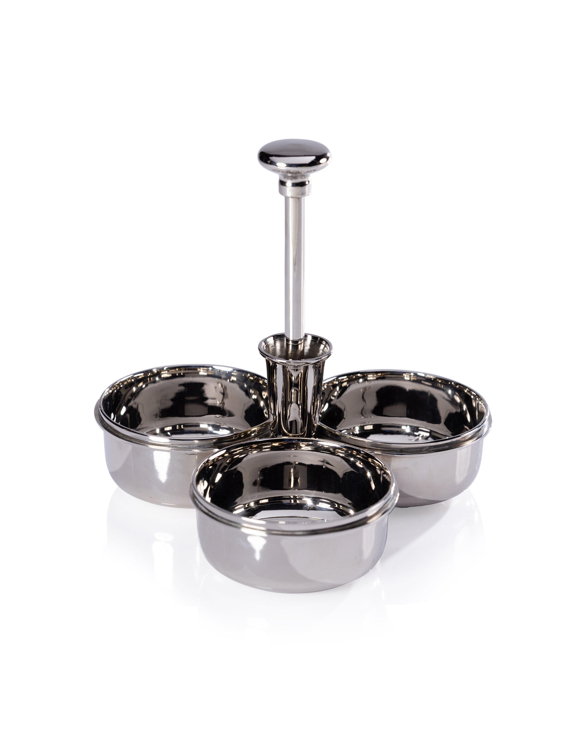 The Zodax IN-8187 Condiment Trio is a stainless steel serving tray with three round condiment dishes connected at the center and a vertical handle for easy carrying.