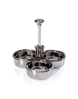 The Zodax IN-8187 Condiment Trio is a stainless steel serving tray with three round condiment dishes connected at the center and a vertical handle for easy carrying.
