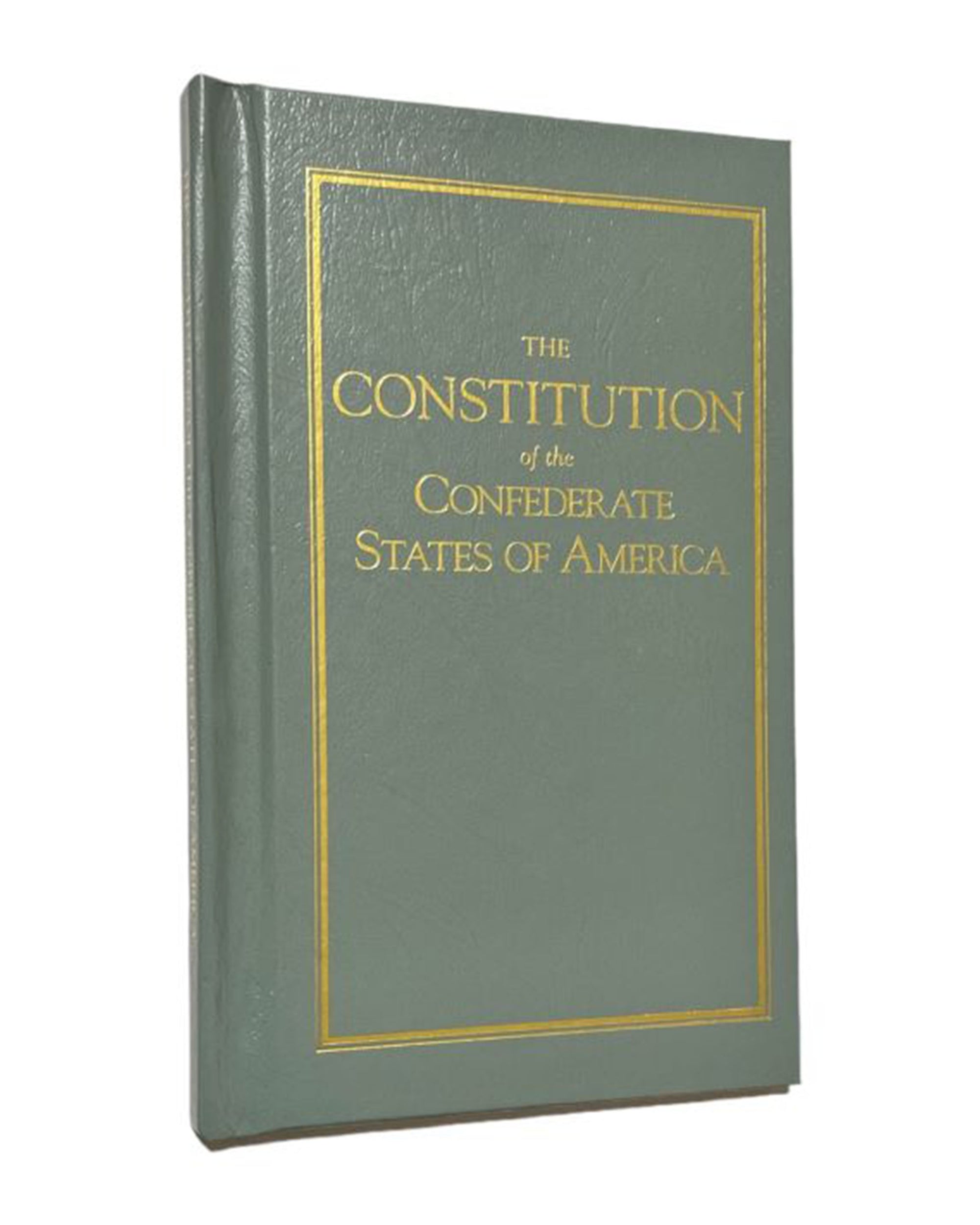 The Faire "Constitution of the Confederate States" hardcover features gold lettering and border on a grayish-green cover, presenting the original document as preserved by the University of Georgia.