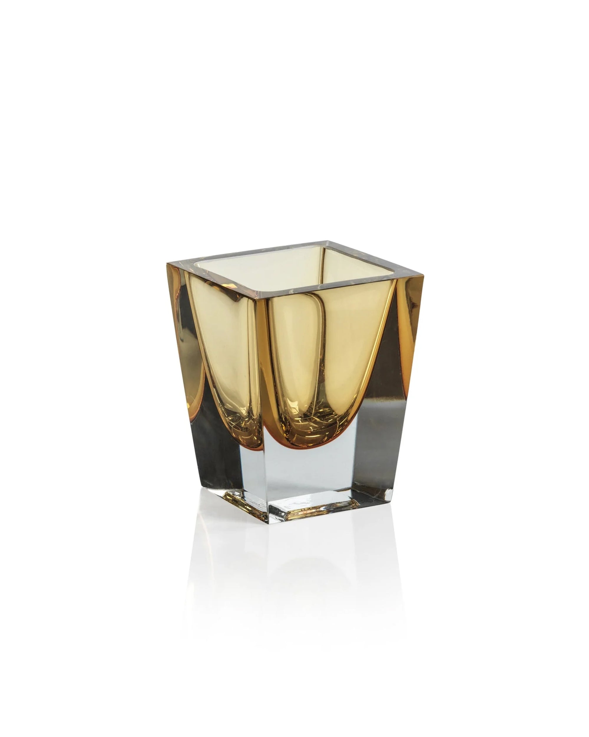 The Zodax CH-6808 Corinthia Vase Square features a modern, square design with gold and clear glass sections, shown on a white background with a subtle reflection—a striking addition to any home decor or polished glass vase collection.