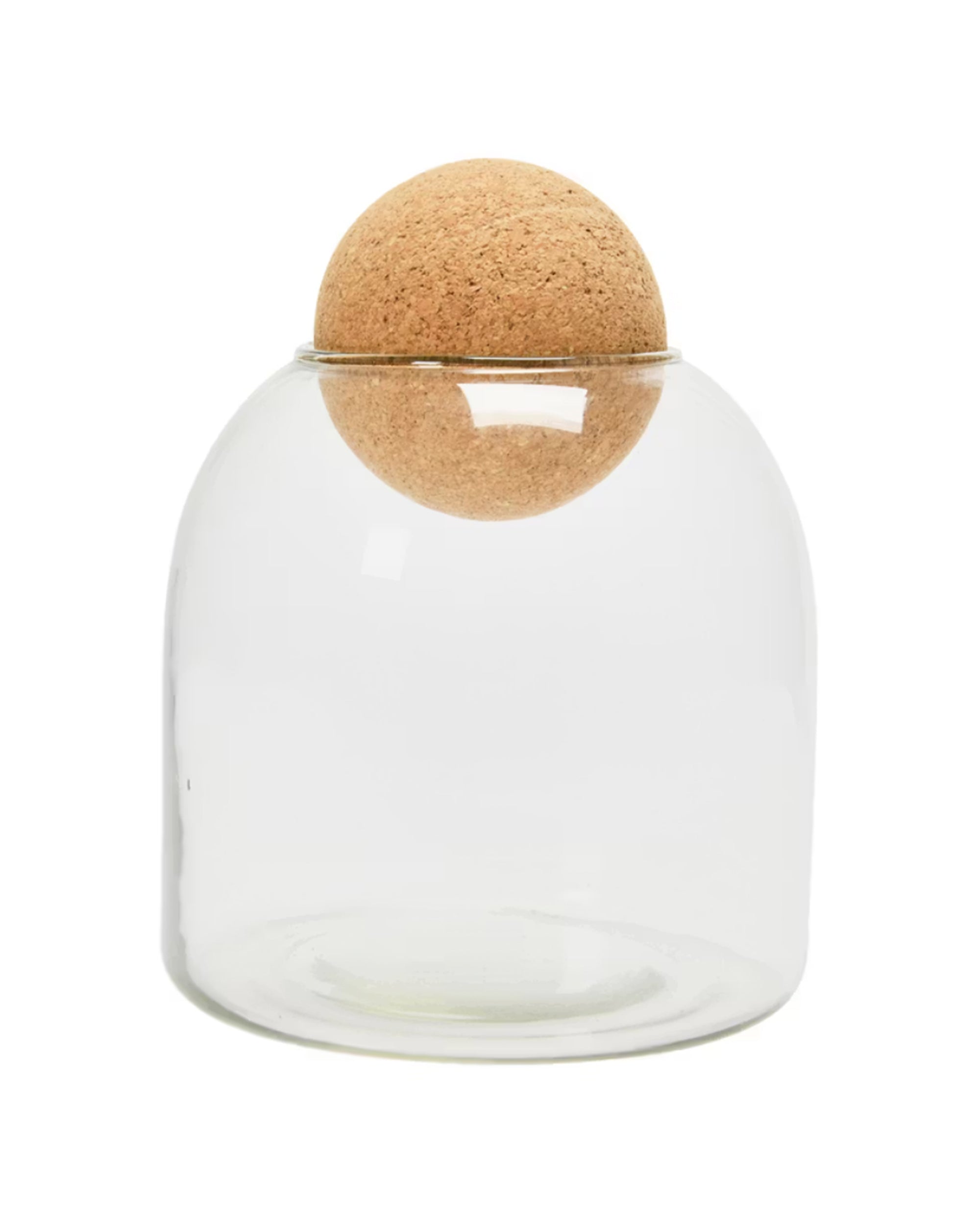 The Bloomingville AH2201 Glass Jar Cork Ball features a clear, dome-shaped design with a wide opening and a round cork lid that fits snugly—ideal for home decor. The empty jar is showcased against a white background.