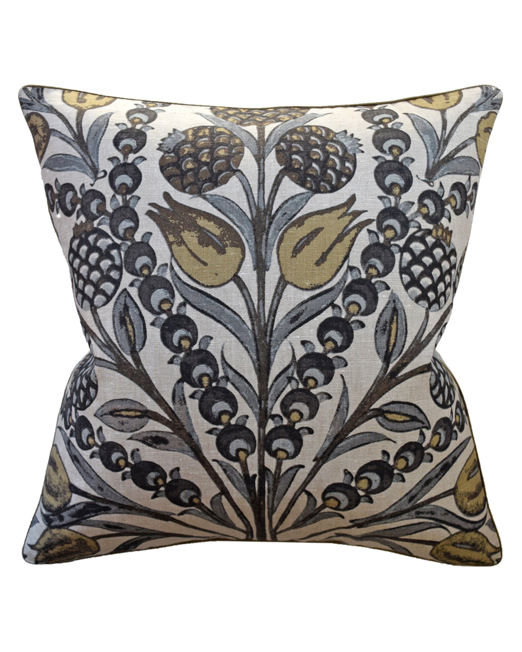 The Cornelia Grey Gold Pillow 22x22 by Ryan Studio features a botanical pattern in muted gold, gray, and black with stylized flowers on a light linen cover and a hidden zipper for a seamless finish.