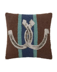 The Country Club Pillow by Faire is a rectangular brown throw pillow with a blue vertical stripe bordered by light blue, featuring hooked wool accents of intertwined gray and white ropes in the center.