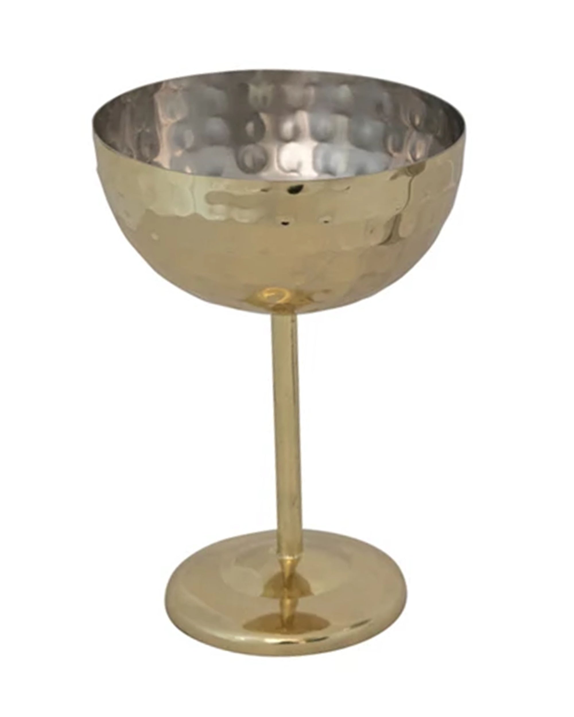 The Creative Co-op Stainless Steel Coupe Glass features a gold, hammered finish, a wide shallow bowl, and a slender stem, displayed against a white background.