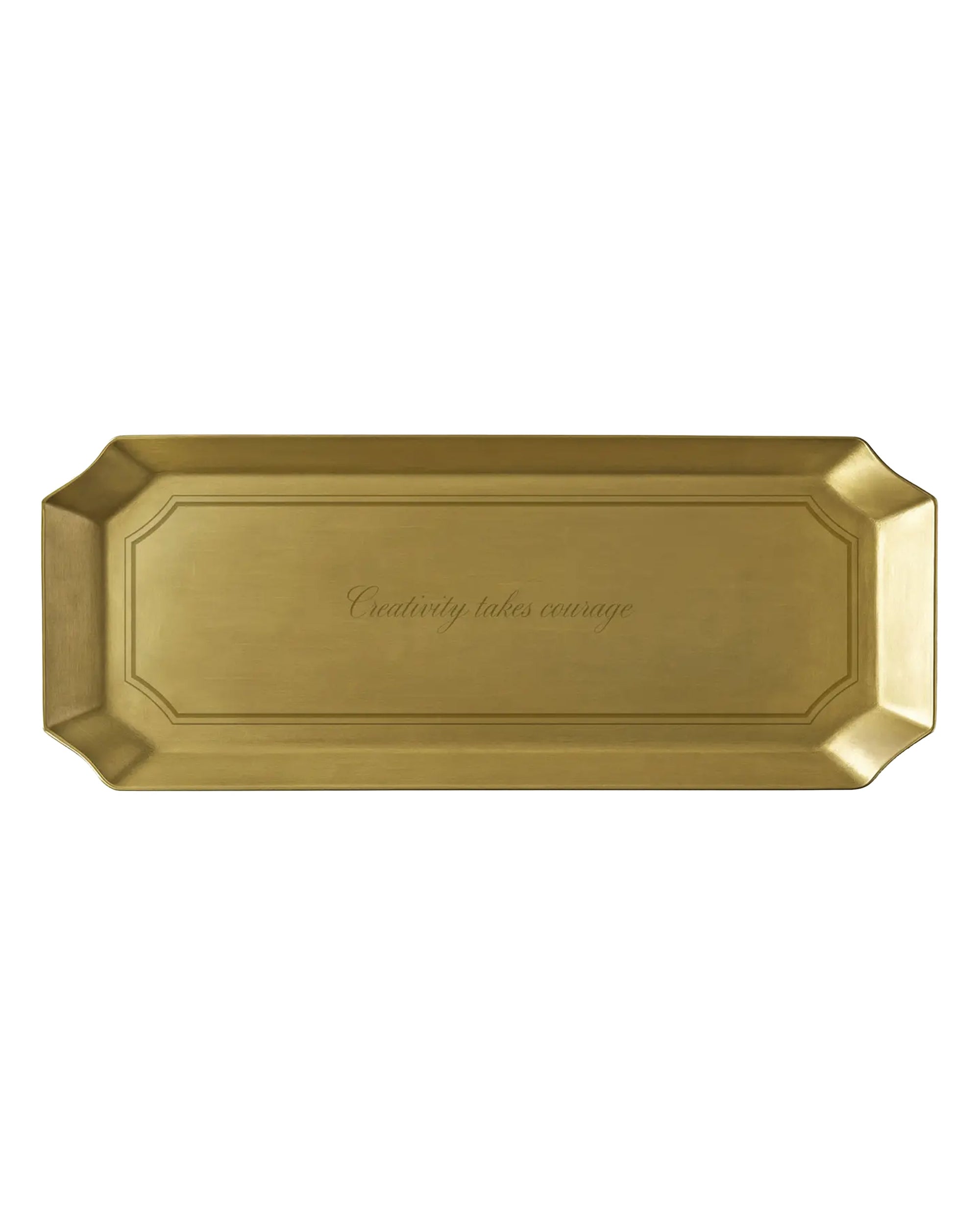 Rectangular brass tray with beveled edges, engraved with Creativity takes Courage, by Faire for desk or office décor.