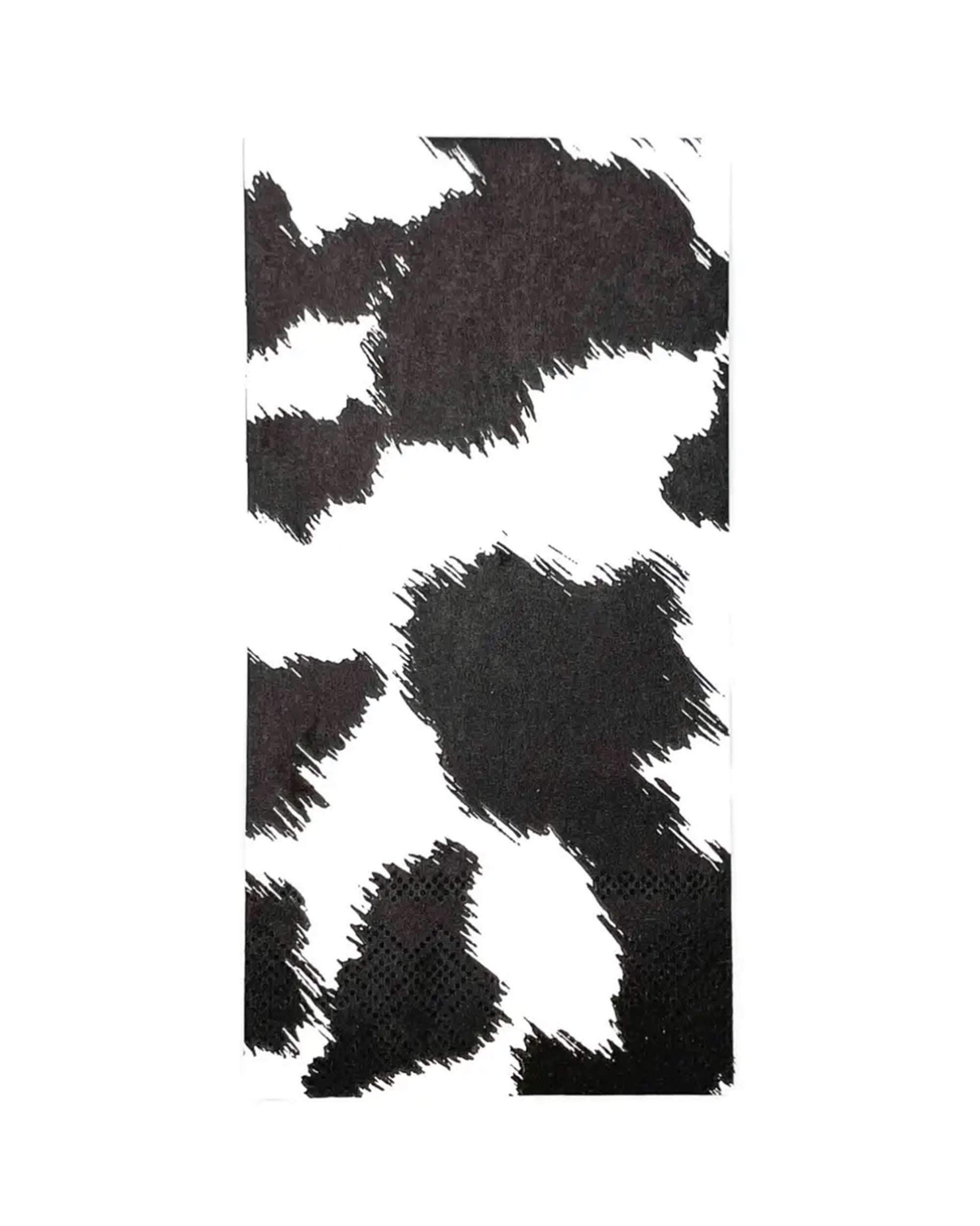Faire Black Cowhide Dinner Napkins feature a white background with bold, jagged black cow spots for a minimalist look. This 16-pack is perfect for dinner settings.