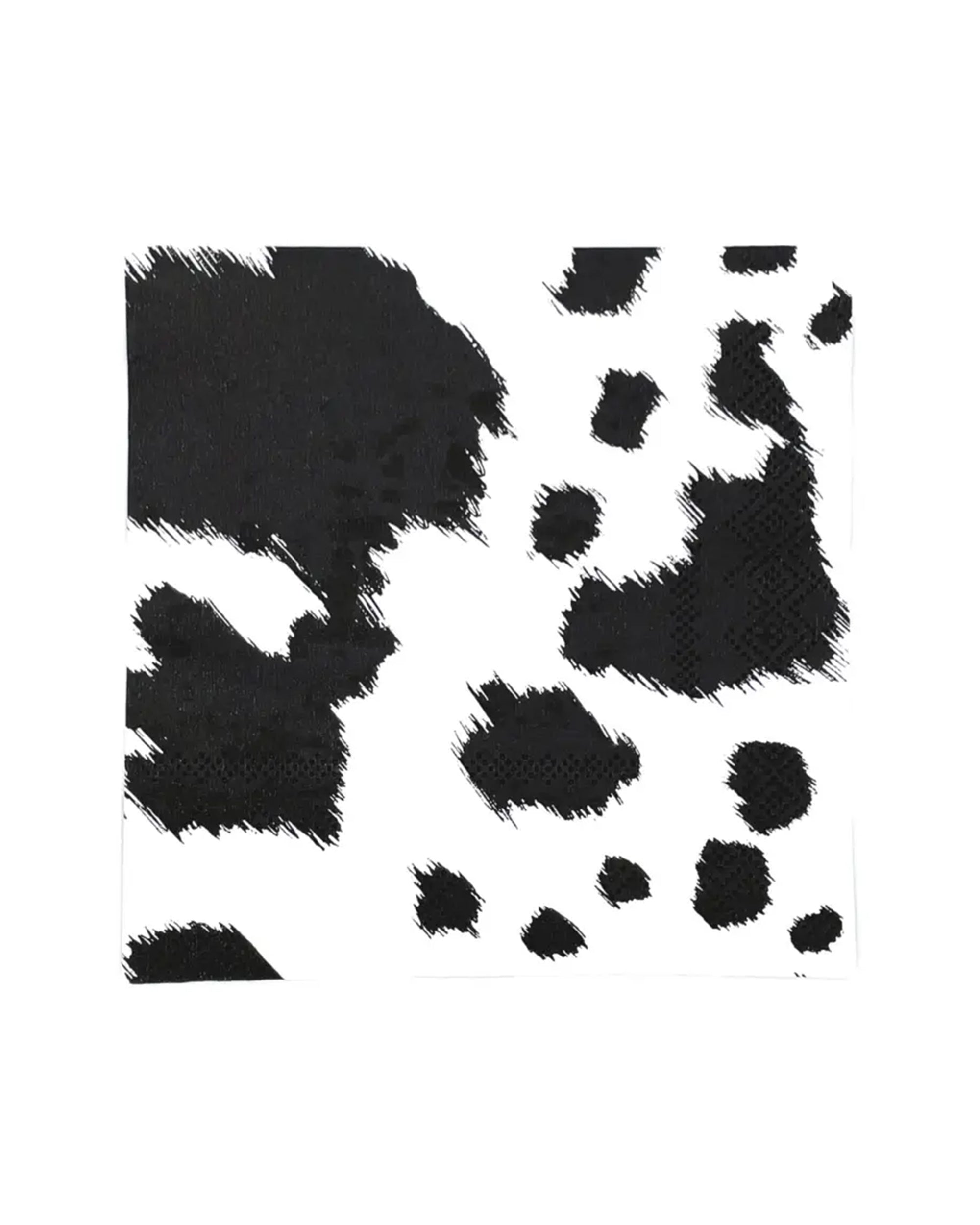 The Faire Black Cowhide Cocktail Napkins are 5 x 5-inch squares with an irregular black spots pattern on white—ideal for party supplies or cocktail gatherings.