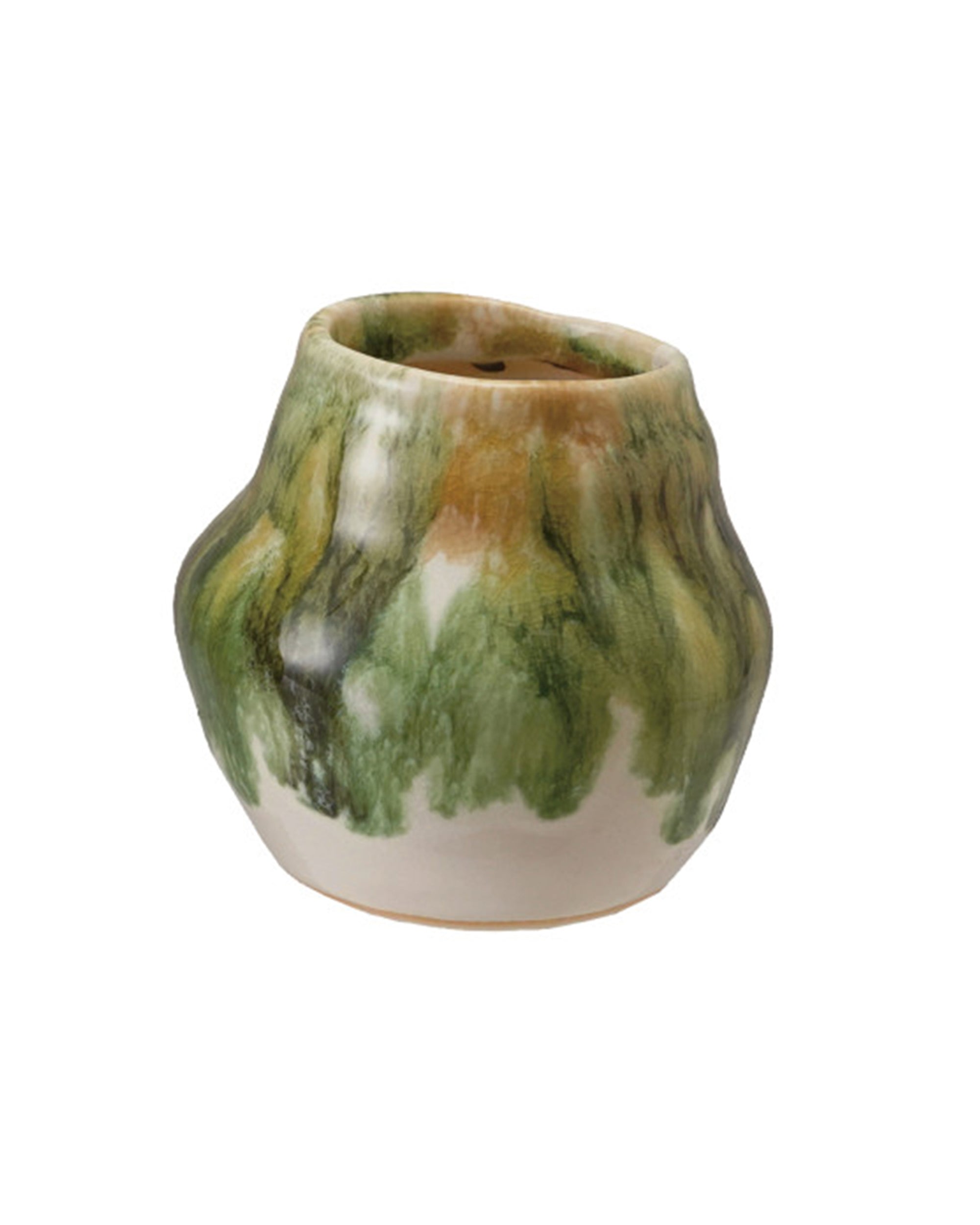 The Creative Co-op Crackle Glaze Vase features an organic, rounded ceramic shape with a narrow opening and reactive green, brown, and cream crackle drip glaze for a natural, earthy look.