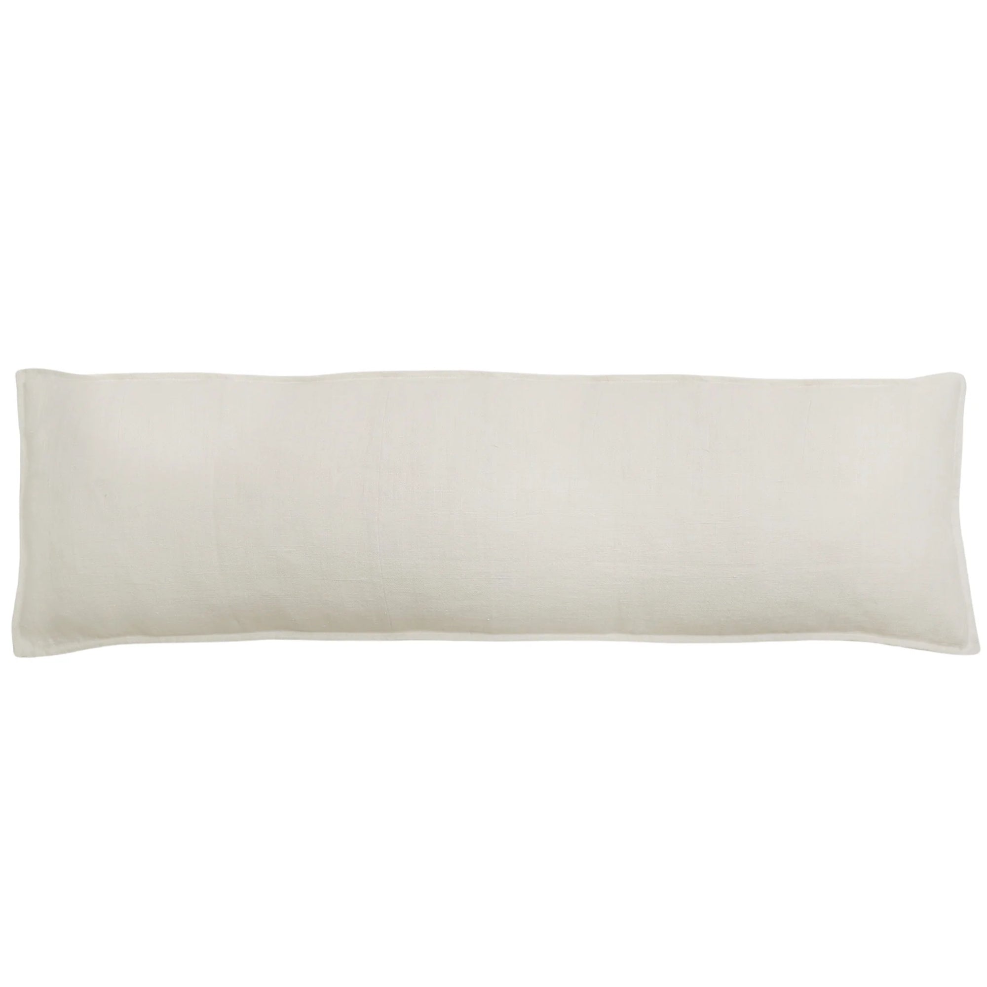 The Montauk Body Pillow by POM POM is a long, rectangular off-white pillow with a smooth plain surface, crafted from hand-loomed linen and displayed against a white background.