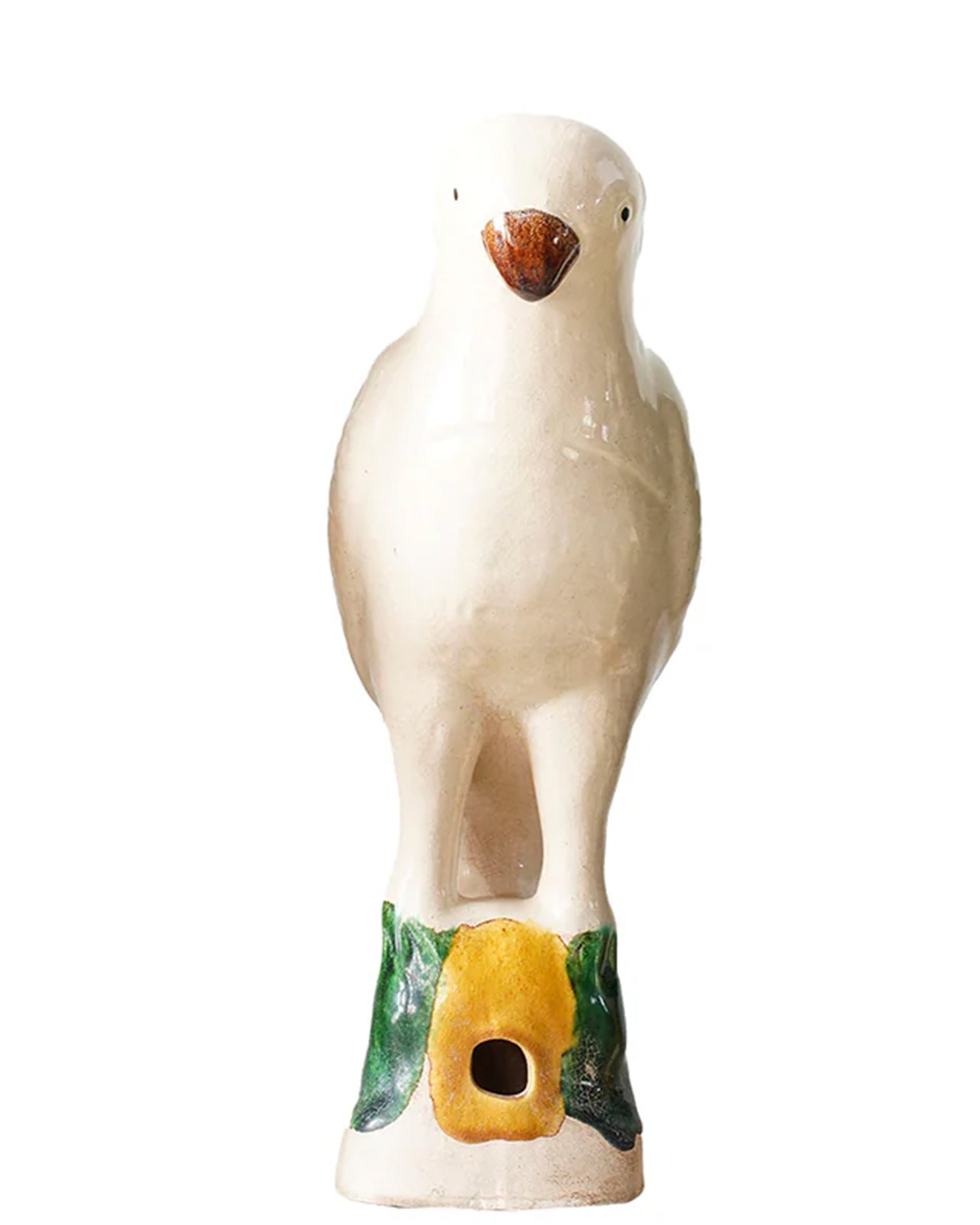The Parrot Small by Blue Ocean Traders is a white ceramic bird figurine inspired by Jingdezhen hand-painted porcelain, standing upright on a yellow and green base with a small front hole, displayed against a plain white background.