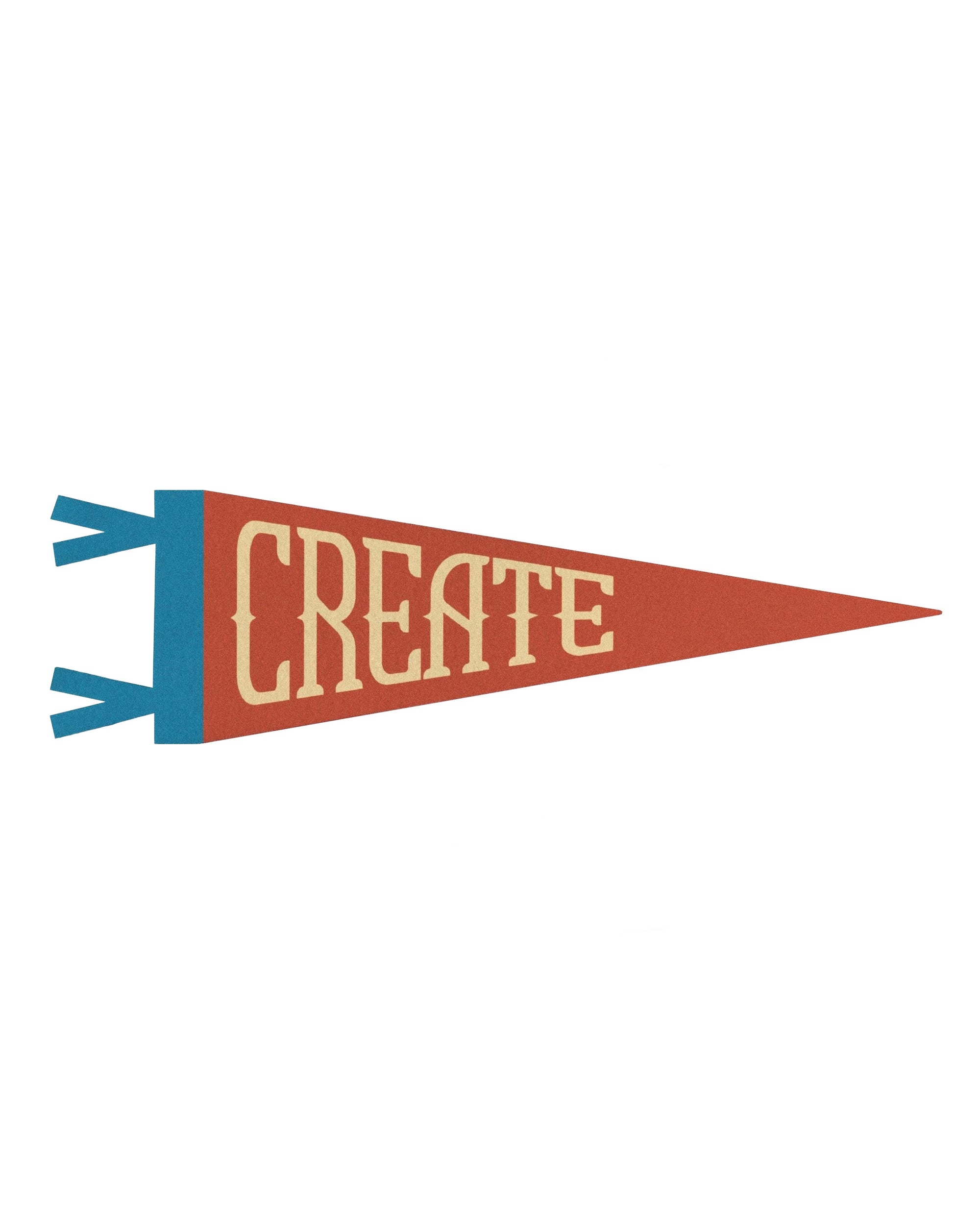 The "Create" Felt Pennant by Faire features a red body, blue base, and cream vintage-style letters. Blue felt strips on the left edge add flair—perfect for creative room decor. Made in Maine.