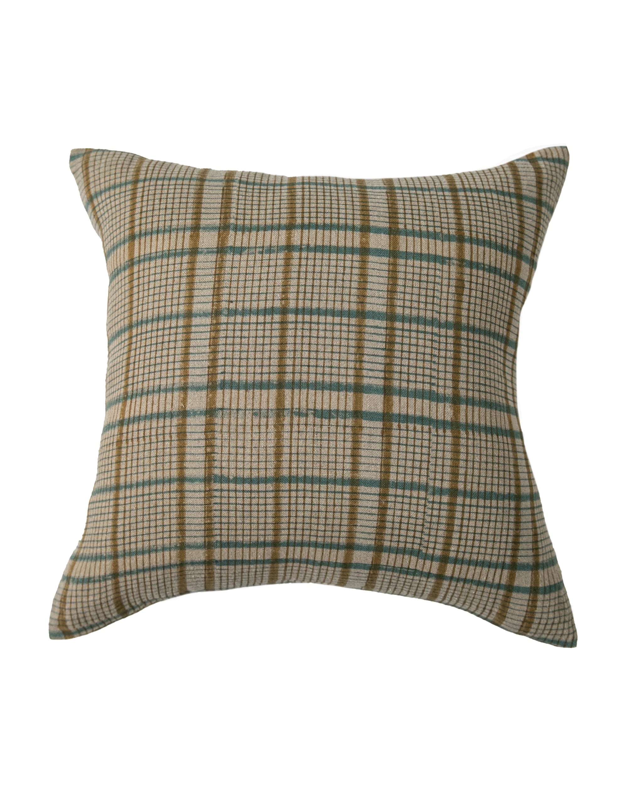 The CROSSROADS TEAL 24X24 PILLOW by Filling Spaces LLC features intersecting plaid lines in beige, green, and brown on natural linen for a textured look. Hand made and showcased against a plain white background.