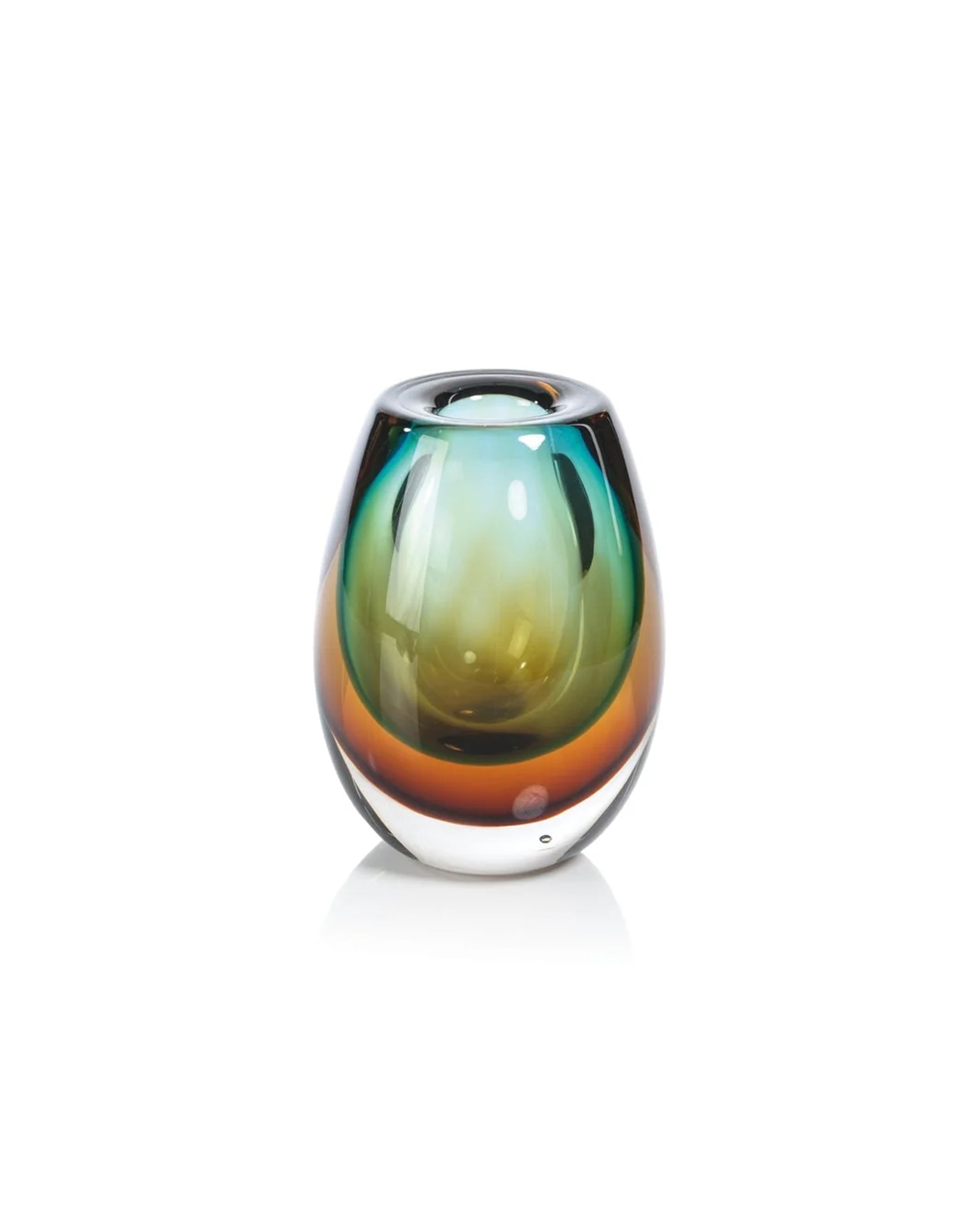 The CH-7279 Crystal Bloom Vase by Zodax is a rounded gradient glass vase with a glossy finish in green, blue, and amber tones. It features a small top opening and is shown against a plain white background.