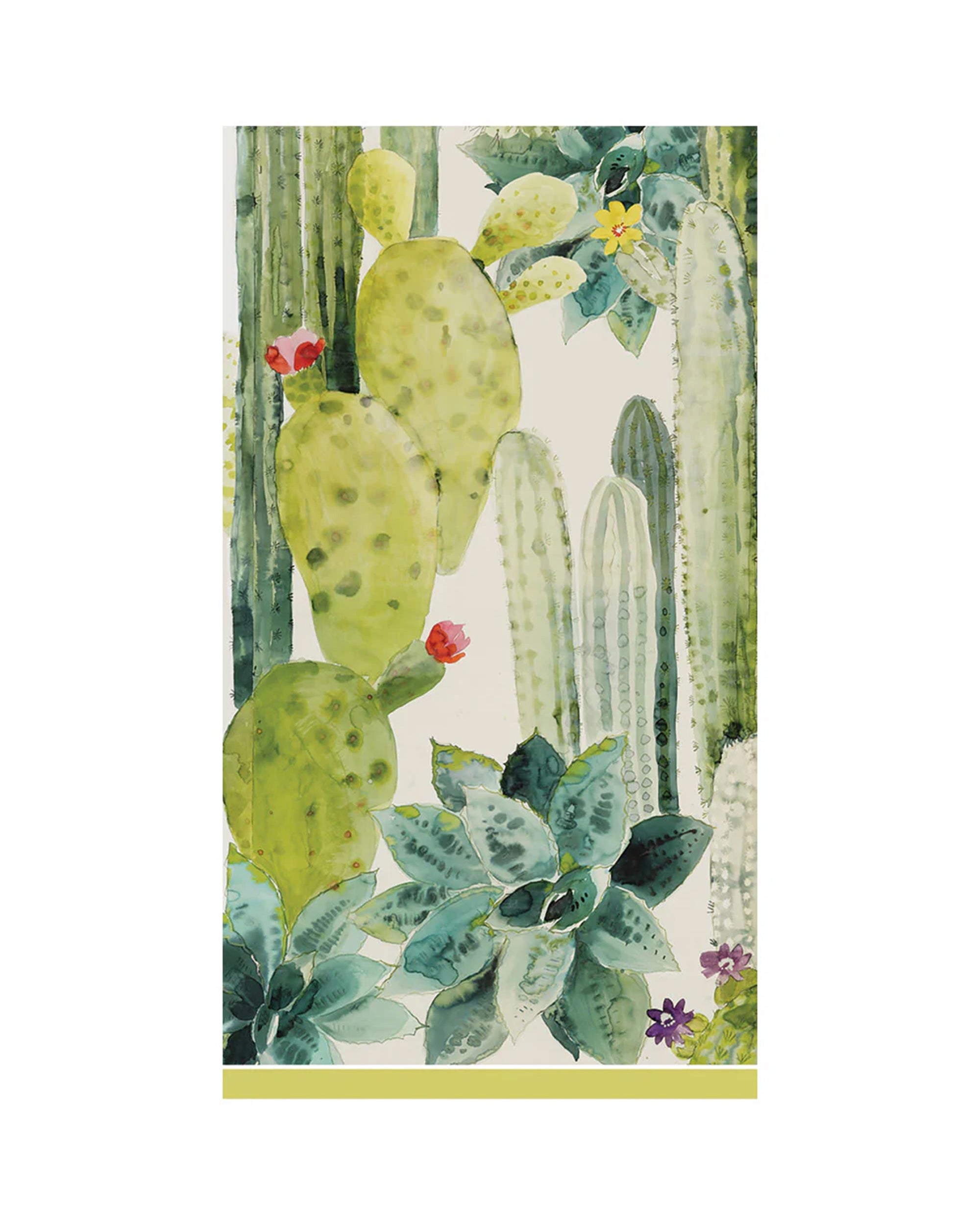The Caspari, Inc. Culiko Guest Towel features watercolor cacti and succulents in green and blue with vibrant red and yellow flowers on a light background, making it an eco-friendly choice to bring nature’s charm to your table.