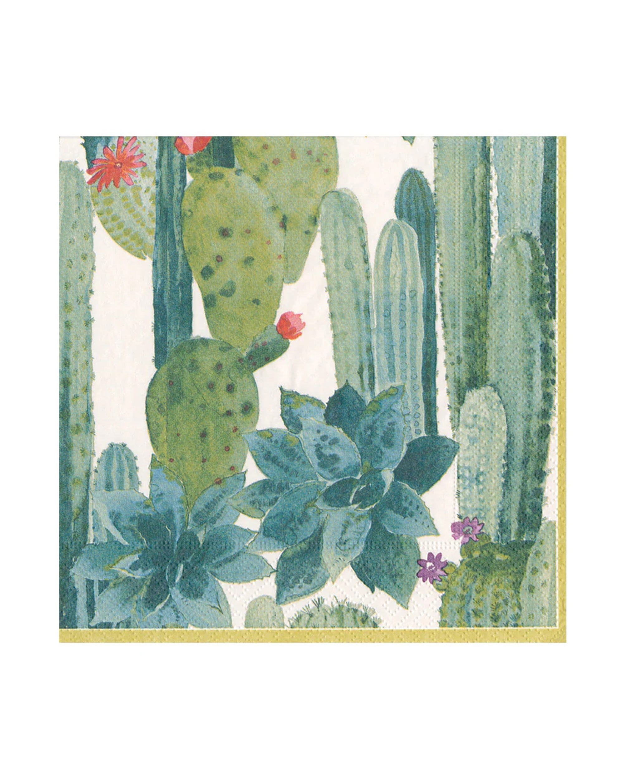 The Caspari, Inc. Culiko Cocktail Napkin features illustrations of succulents and cacti with pink and purple flowers on a white background with a gold border—perfect for eco-friendly or biodegradable napkins.