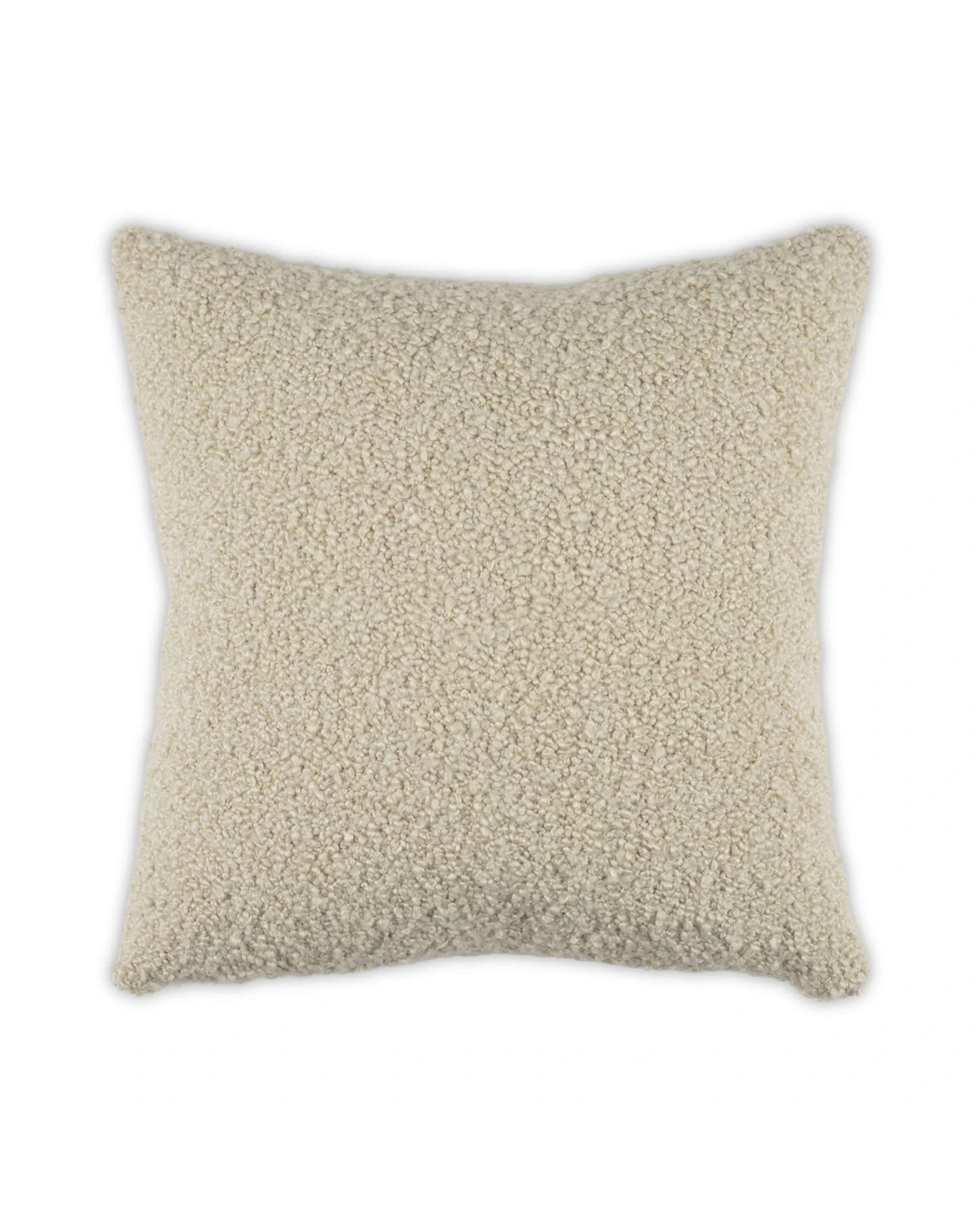 Square cream boucle pillow with knife edge, by Moss Studio; Curl Up Pillow style, textured fabric, insert included.