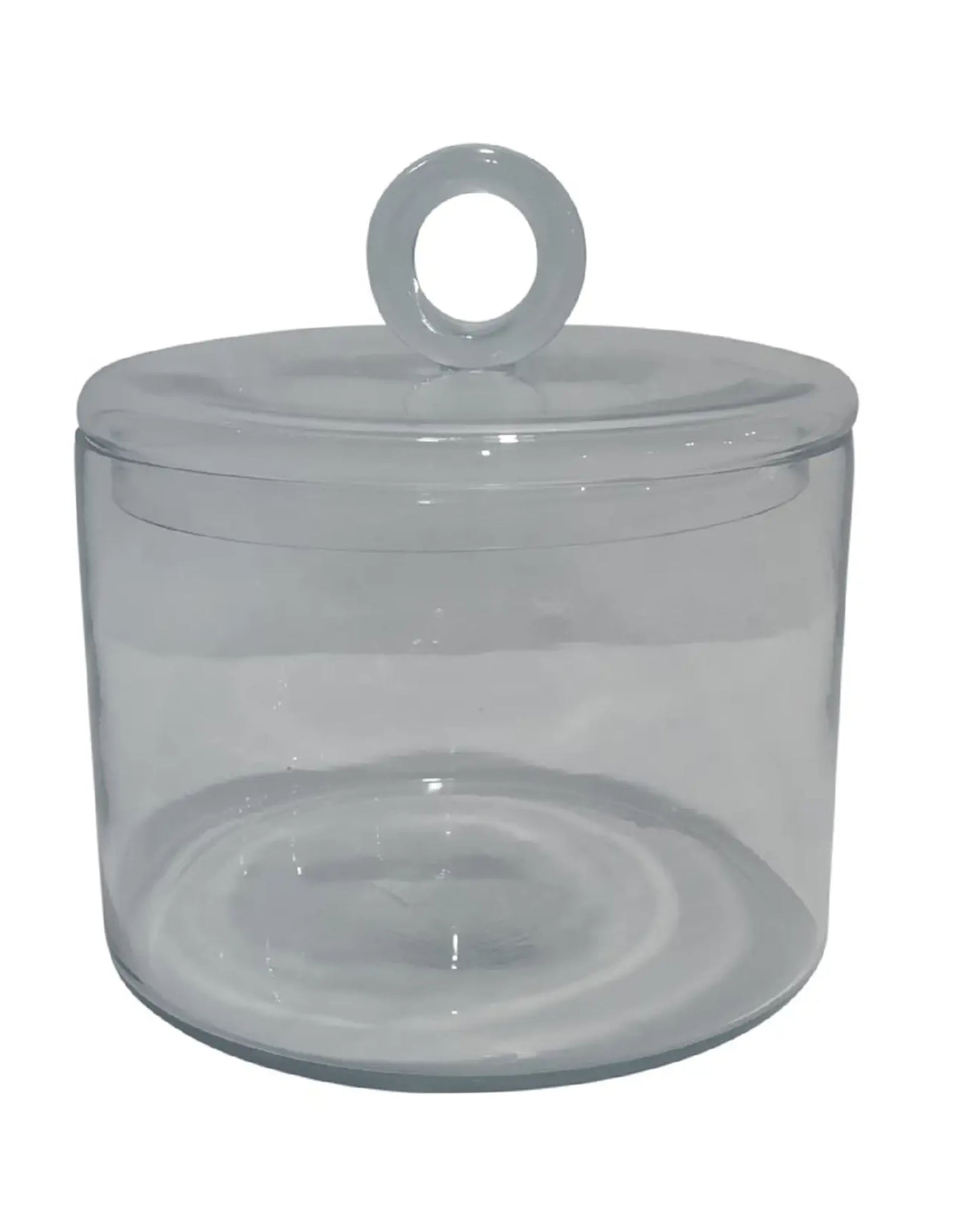 The BIDK Home Cylindrical Glass Jar Large features a clear, round design with a matching lid and circular handle, making it an ideal decorative centerpiece, shown here against a white background.