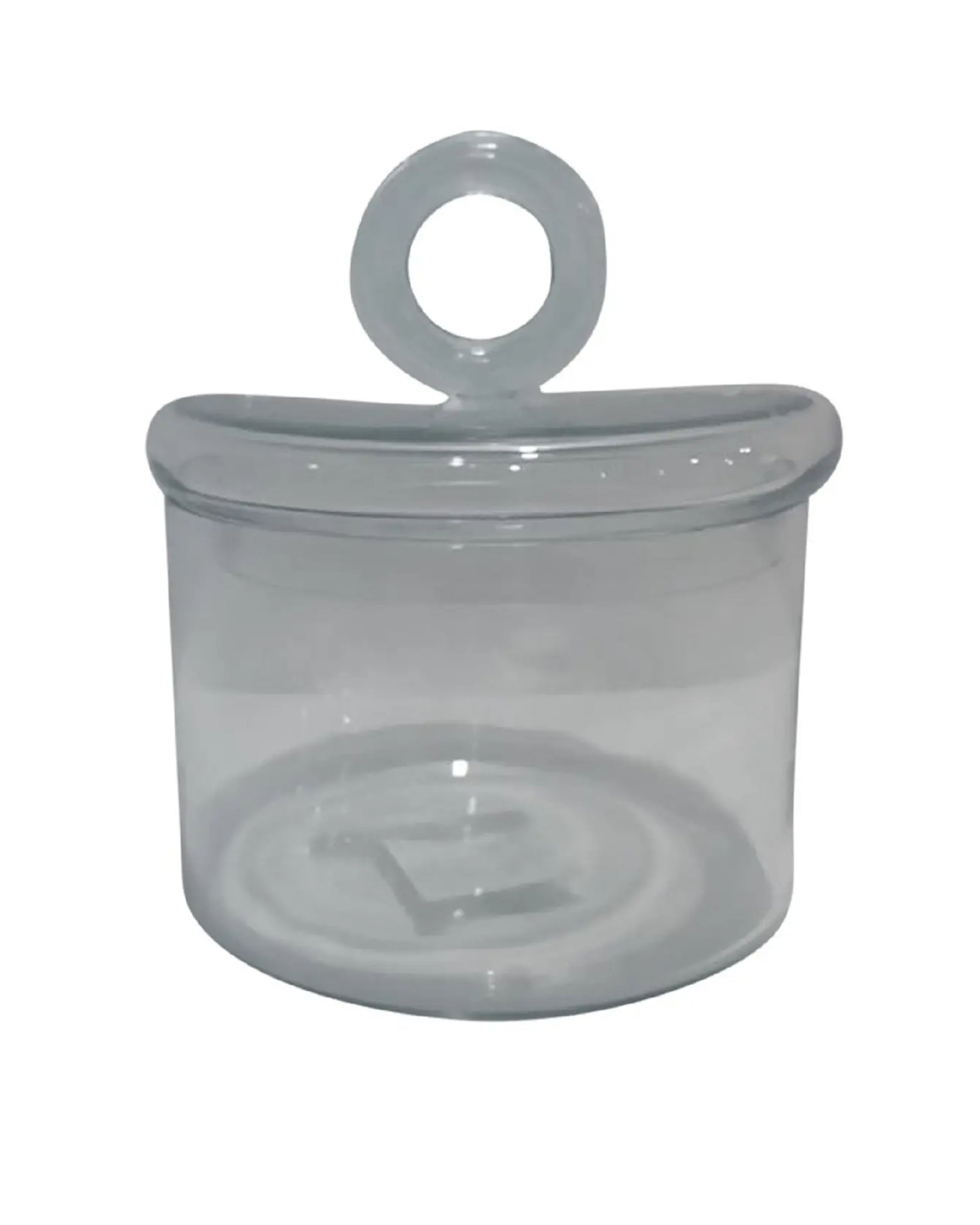 The BIDK Home 685120 Cylindrical Glass Jar Small is a transparent, cylindrical container with a round flat lid and a circular handle, shown empty against a plain white background.