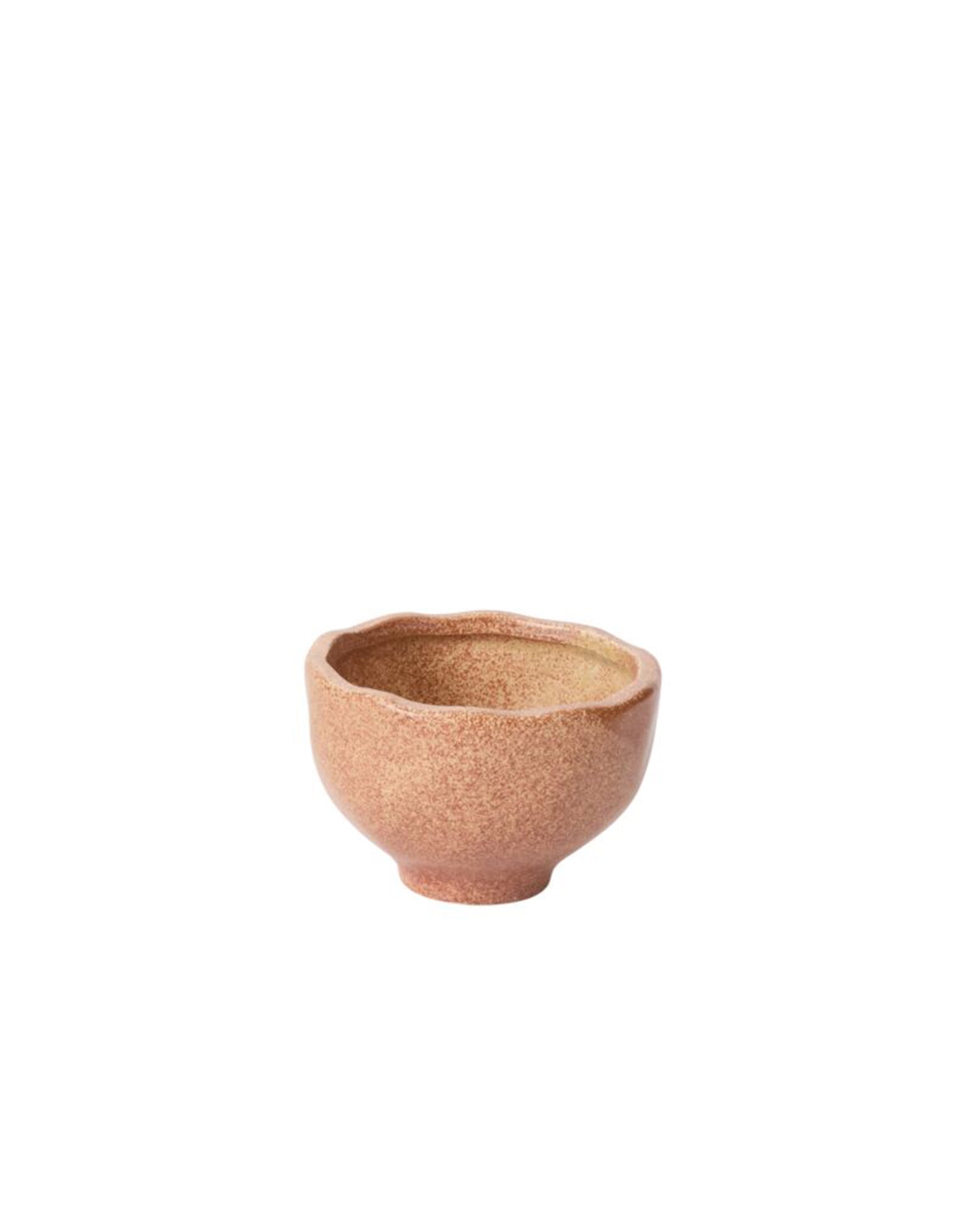 The 54845 Cyrus Bowl by Accent Decor is a small, round ceramic piece with an earthy brown textured surface and slightly wavy rim, ideal for home decor. Shown against a plain white background.