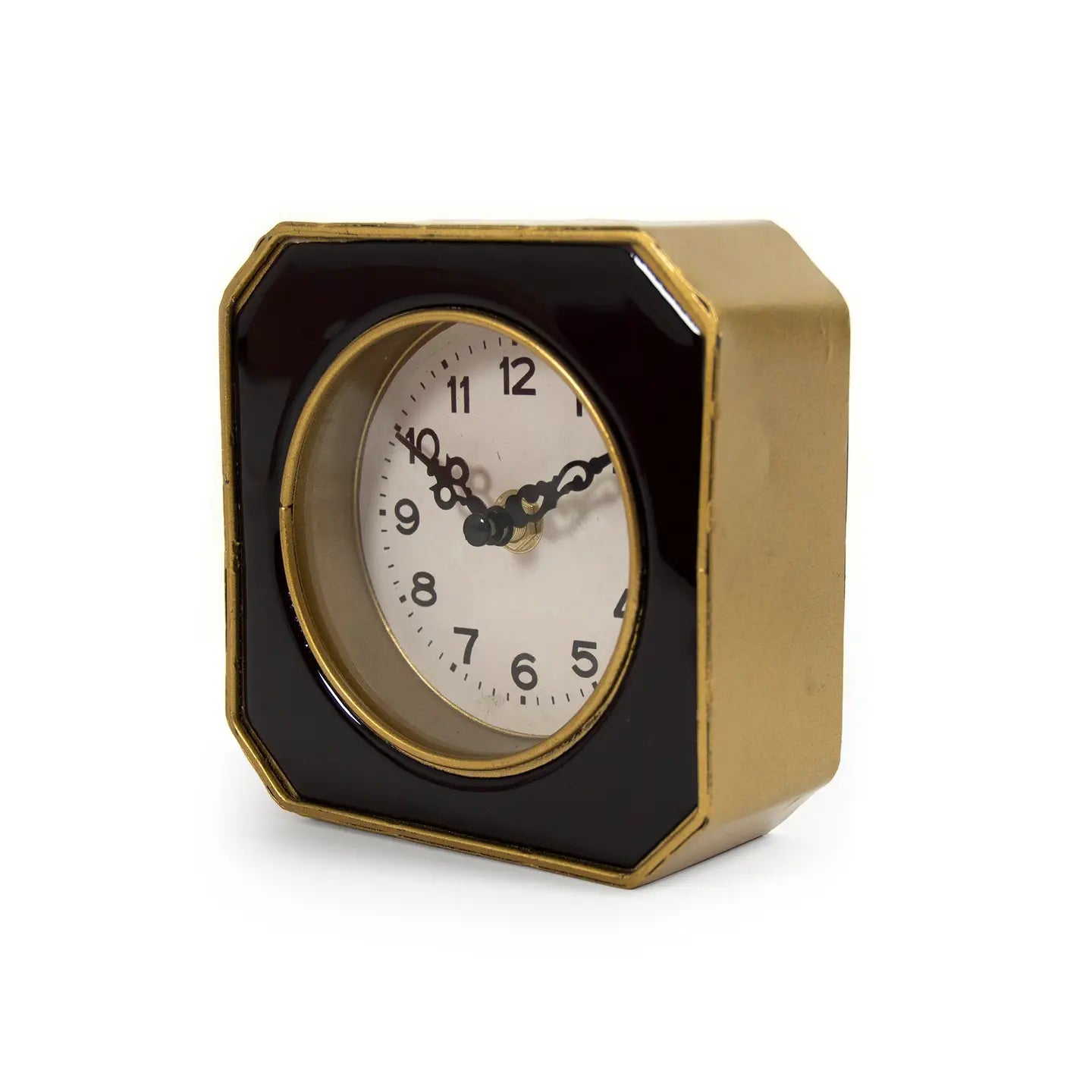 The Zentique Black and Gold Clock is a vintage-style square table clock with ornate black hands, angled right against a white background, showing 10:08—an elegant décor piece.