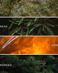 Four sections display close-ups: fir tree branches, cypress foliage, glowing amber resin, and dense evergreens—each inspired by the pure scents of Faire’s Christmas Candle w/ Lid made with premium, non-toxic fragrance oil.