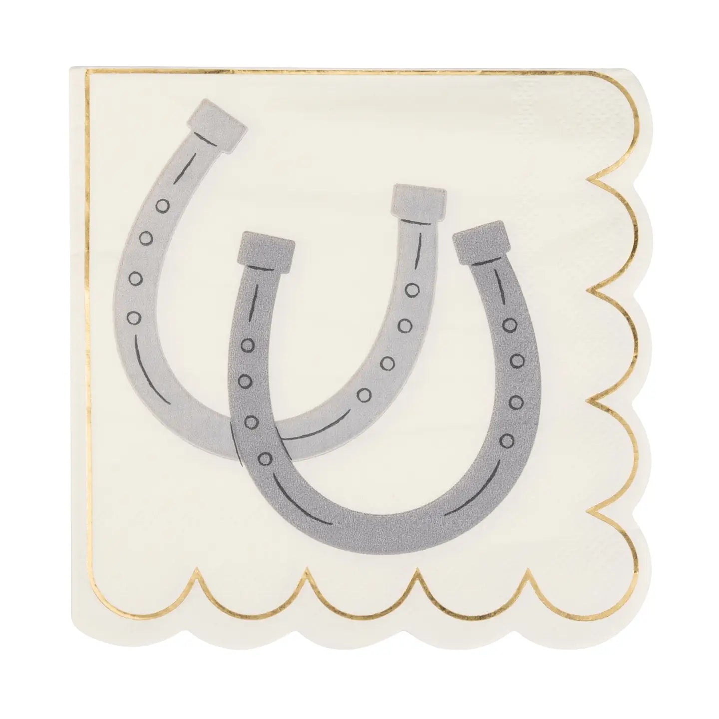 The My Mind's Eye Cocktail Paper Napkin features cream paper with scalloped gold edges and two overlapping gray horseshoes with dot details—ideal for adding a festive touch to your summer barbeque.